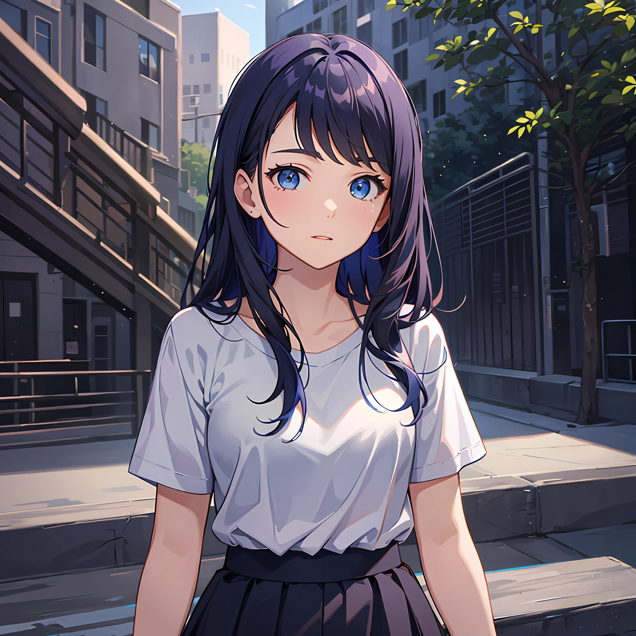16 year old girl, student, casual clothes, blue clothes, black skirt, beautiful, best quality