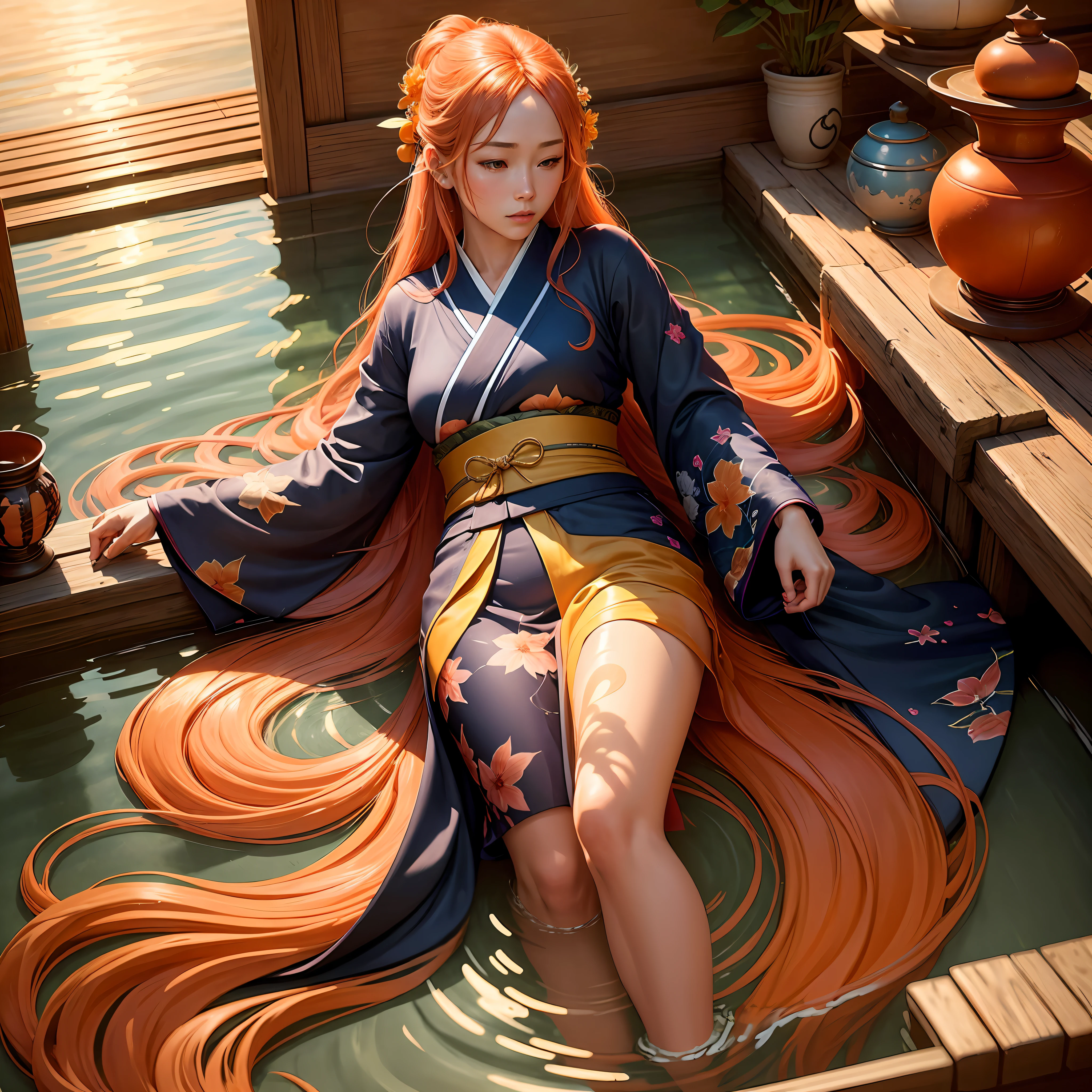 Japanese,long orange hair,blue kimono,Japanese room,japan,lying down,water,submerged in water,waist water,with flowing hair, hyper realistic, masterpiece, photorealistic,perfect anatomy,An absolutely mesmerizing sunset, with a mix of oranges, pinks and yellows filling the sky. The crystal clear waters. The scene is dynamic, smoothly. Soak up the calming atmosphere and let the tranquility,Hyperrealistic portrait of the feminine, fantasy art, realistic photo, dynamic lighting, artstation, poster, volumetric lighting, very detailed faces, 4 k, award-winning, deep shadow, --auto --s2