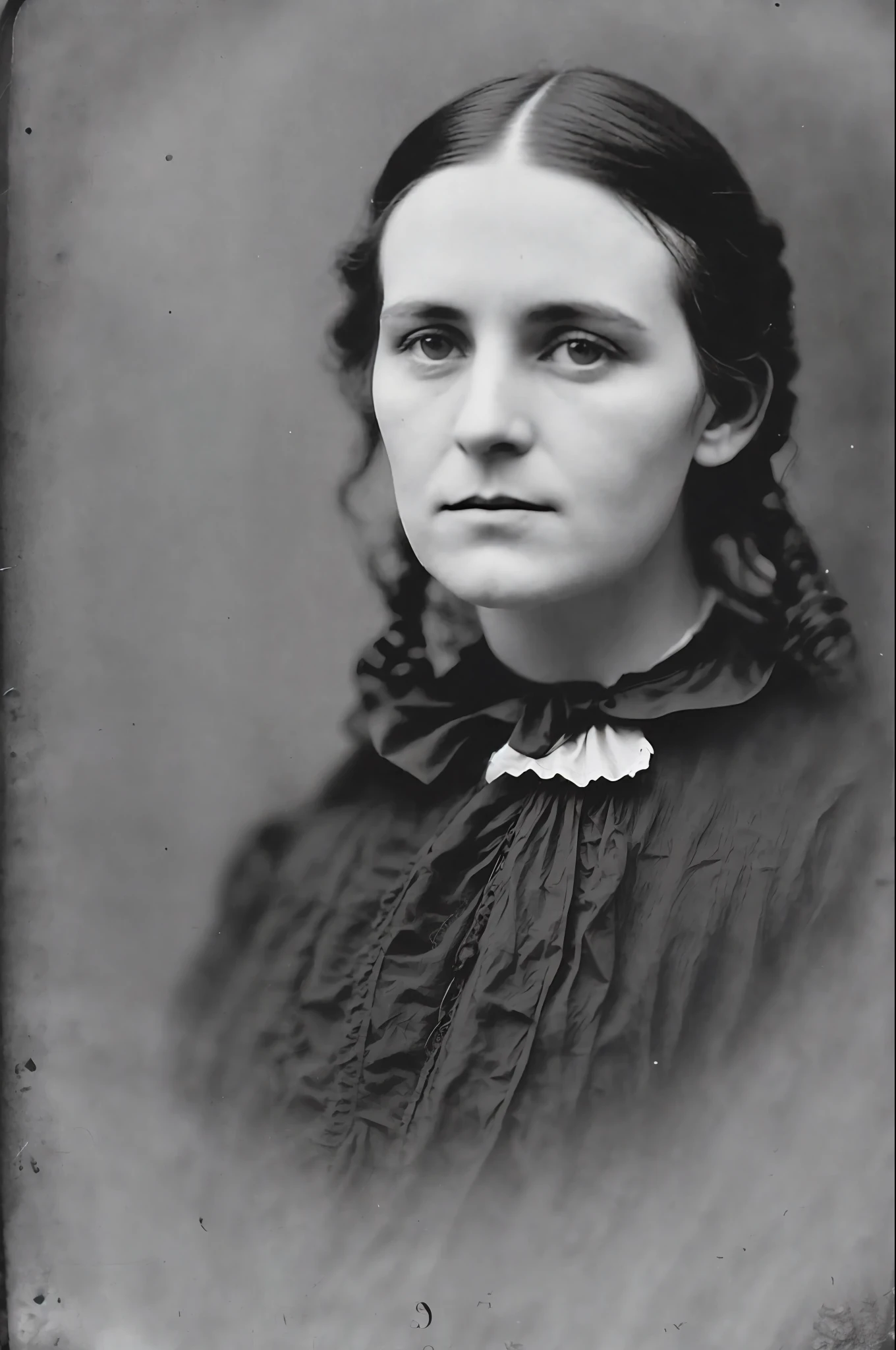 "photo of a 35-year-old woman, with 1870s dress and hairstyles, sad and penetrating look, thin, sick, photorealistic, (Lomography Lady Grey:0.95), (black and white photograph:1.1), Victorian scene, strong winter light, melancholy atmosphere".