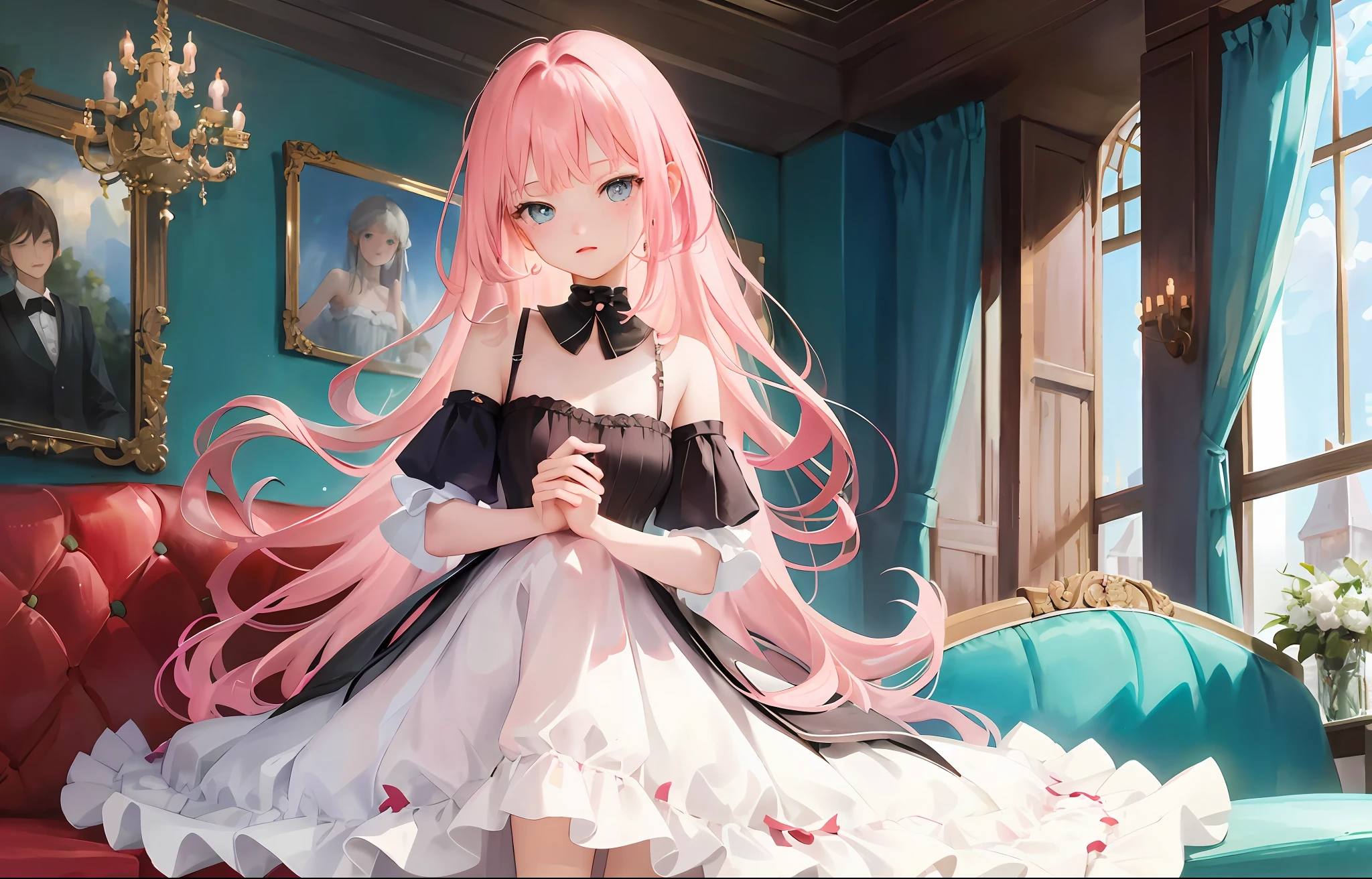 ((Best Quality)), (Masterpiece: 1.2), (Delicate Beautiful Girl), Illustration, 1 girl, pink hair, very long hair, blue eyes, looking at the audience, room, sofa, red wine,