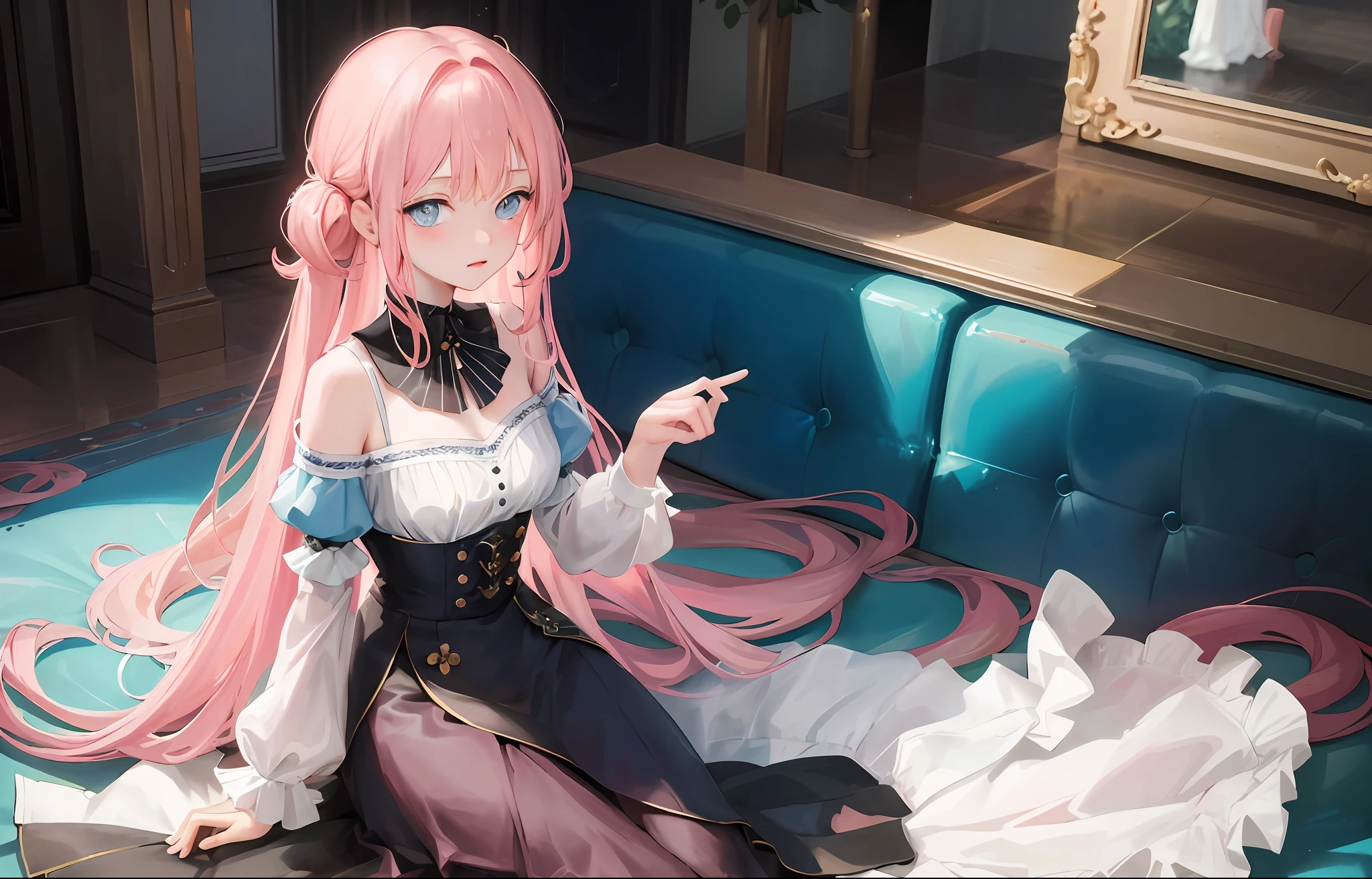 ((Best Quality)), (Masterpiece: 1.2), (Delicate Beautiful Girl), Illustration, 1 girl, pink hair, very long hair, blue eyes, looking at the audience, room, sofa, red wine,