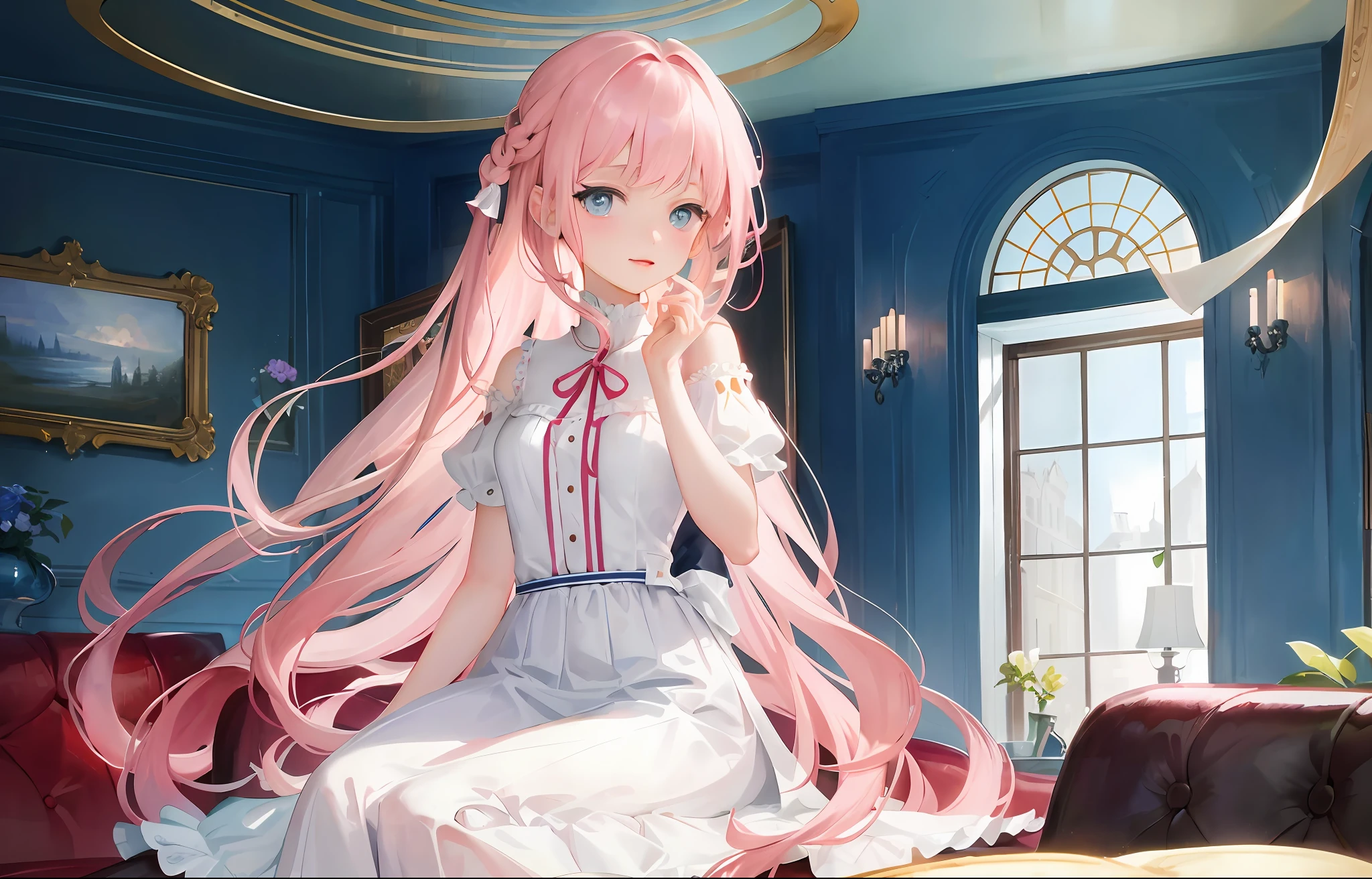 ((Best Quality)), (Masterpiece: 1.2), (Delicate Beautiful Girl), Illustration, 1 girl, pink hair, very long hair, blue eyes, looking at the audience, room, sofa, red wine,