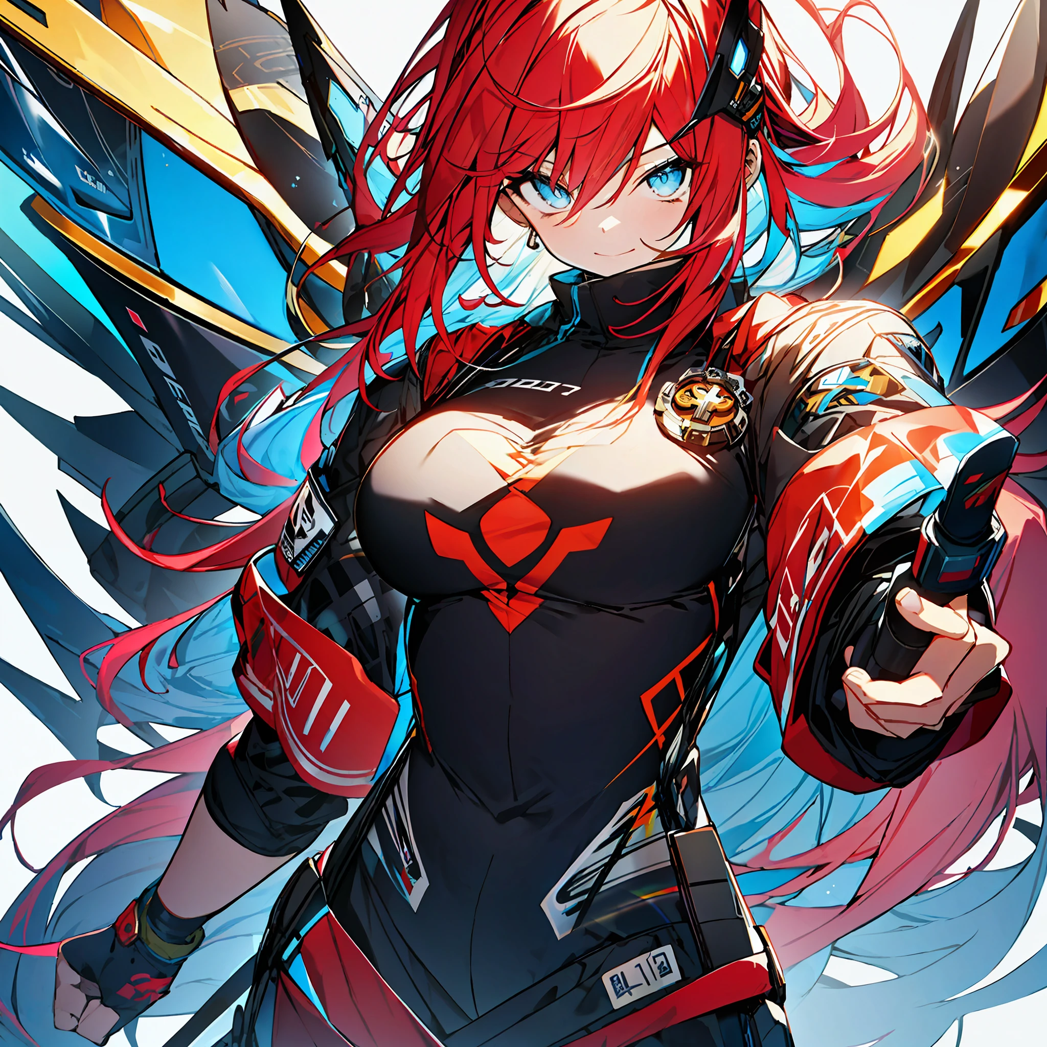 background, language_text, Japanese letters in graffit ,girls, long red hair, excellent lighting, sidelighting, (), vhsKeeper,, style GUILTY GEAR -STRIVE perfect ultimate (flat color: 1.3), (magazine_cover: 1.4), (multicolored_background: 1.3), striped_background, card_background, :: comix style by joe madureira :: circular pieces of metals glued to the ultra detailed arms coming out sparkling shine, , perfect and detailed, ultra detailed shirt with abstract design and with print of Japanese letters in graffit of the sides of the clothes, image of girls with big breast, on top of a futuristic motorcycle, with immersive effects, hover effect, background style graffiti tribal tattoo with vibrant colors "ultra hdr" detailed and with focus effect, (masterpiece: 1.2, best quality), (beautiful eyes with huge eyelashes finely detailed: 1.2), , ((Solo)),  (Finely detailed eyes and detailed face :1.3), in various full-body attack poses, (cute background: 1.2),futuristic costume, super detailed circular metals Clinging to the arms and pants, fantastic paintings