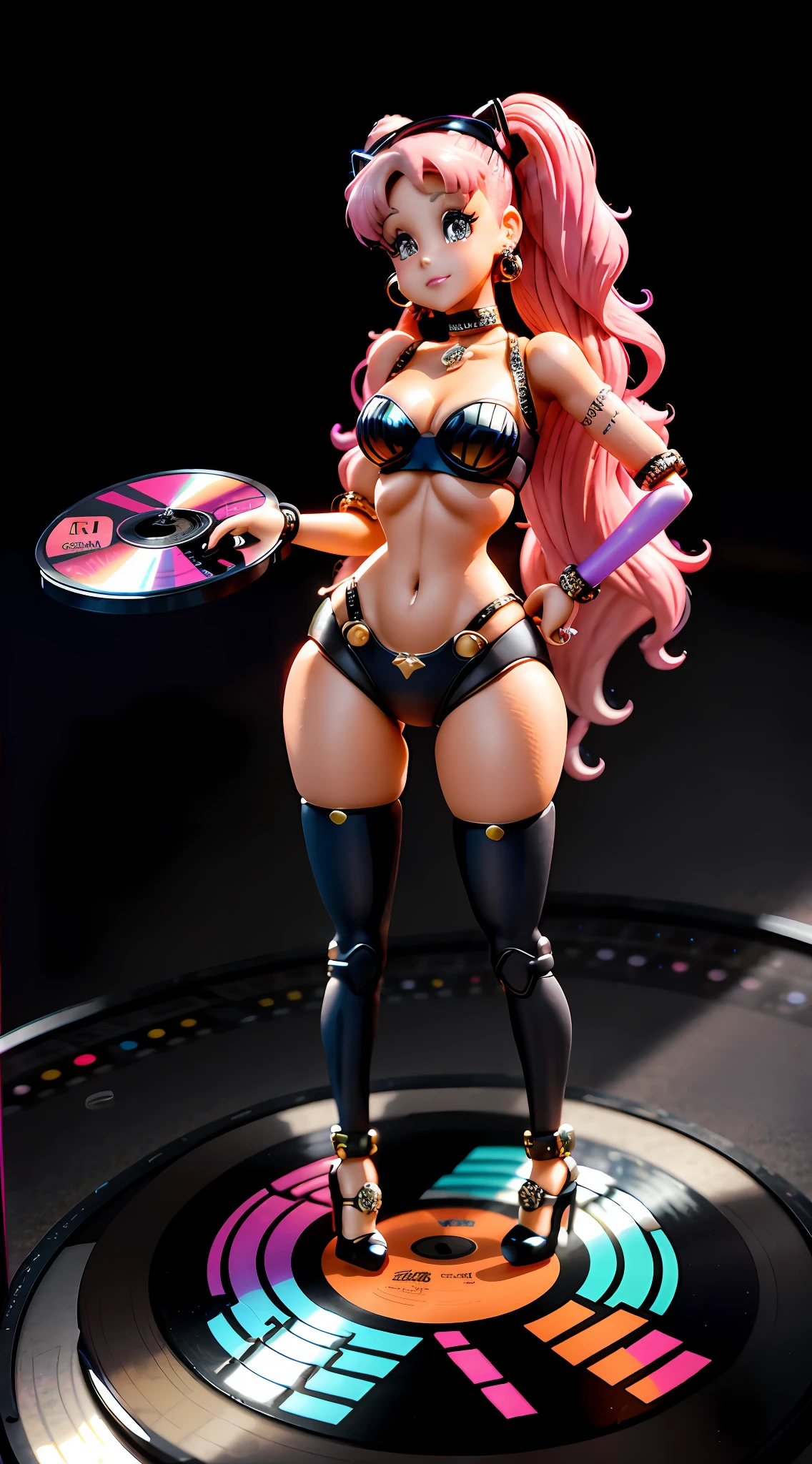 Ariana Grande, looking at the audience, full body in high definition with a vinyl record for the footrest in an excellent 8k evolution ((Miniature toy for collection))