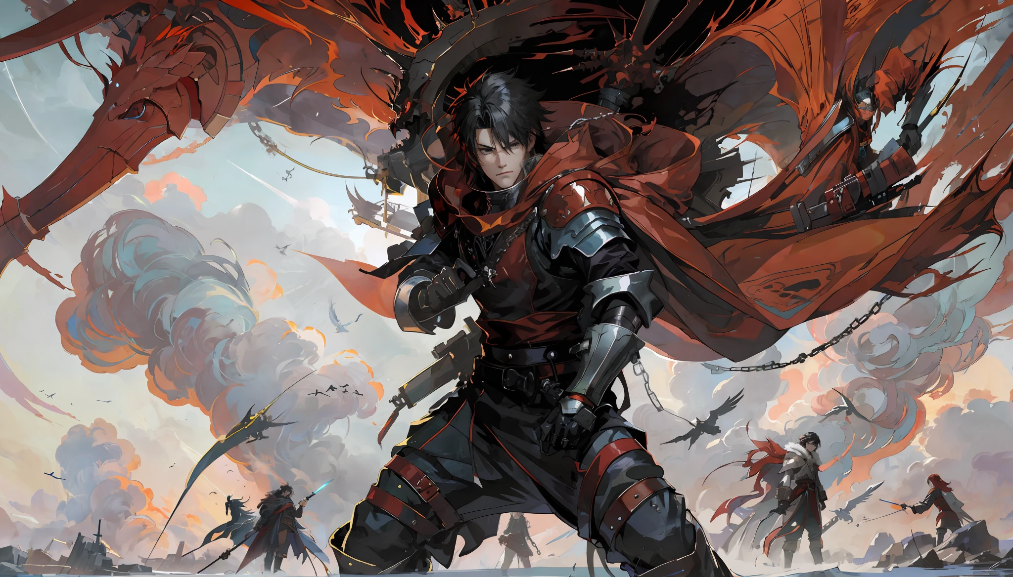 Anime - Style illustration of a man with a red cloak and a sword, Badass Anime 8 K, 2. 5 d CGI Anime Fantasy Artwork, Krenz Cushart and Wenjun Lin, Epic Fantasy Digital Art Style, Anime Epic Artwork, Anime Fantasy Artwork, by Yang J, Anime Fantasy Illustration, 4K Manga Wallpaper, Epic Anime Fantasy, Gungrave