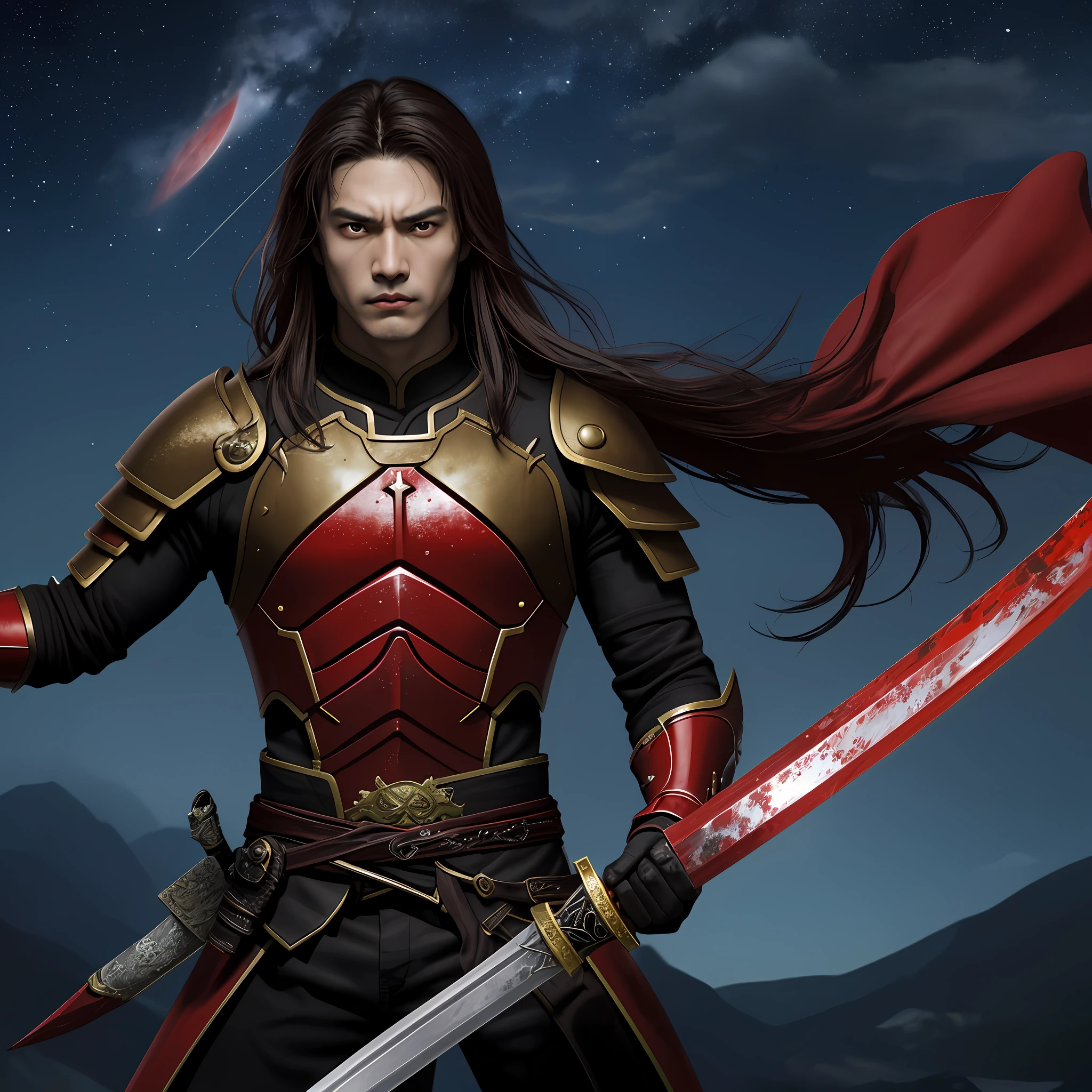 Create a guy with medium brown hair, he is a mix of Asian and German, his eyes are red, he wears a flexible black armor, wielding a reddish-edged katana. The starry sky above is illuminated by the red moon of the twilight night of blood. He is angry and hateful of how the world is inert towards the underprivileged, he seeks justice in a world wronged and lost to money and power