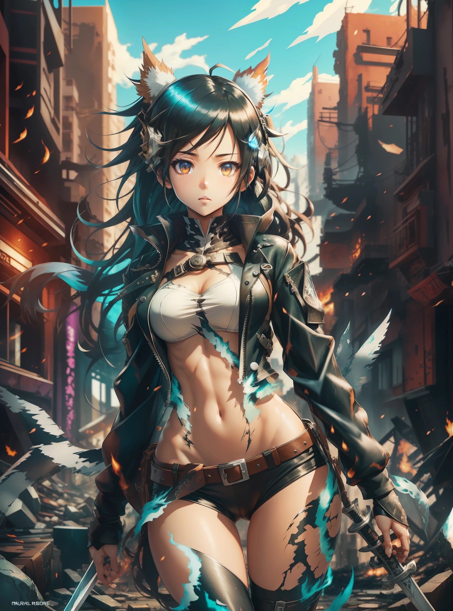anime style, natural pose, freedom, digital illustration, (anime style), perfect anatomy, black rock shooter, highly detailed, art station, concept art, soft and sharp focus, well-formed eyes, beautiful face, well-defined hips, shy and seductive, left eye with blue flame, chaotic scenery, buildings in the background destroyed, black leather jacket, swords on the ground, beautiful scenery, hyper detailed