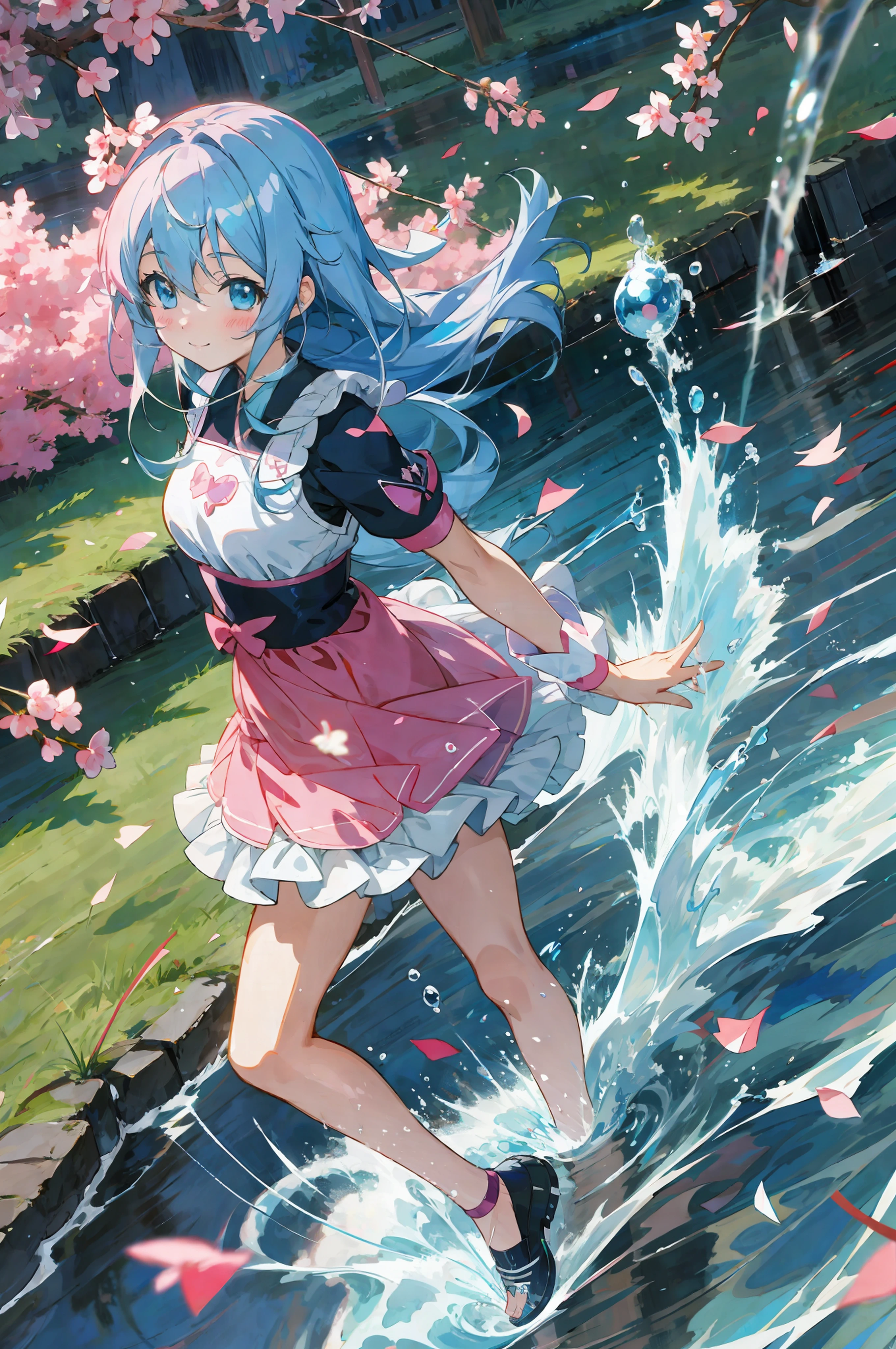 anime girl in pink dress running in water, splash art anime loli, anime girl walking on water, wallpaper anime blue water, official artwork, anime style 4 k, water from Konoha, anime art wallpaper 8 k, official art, anime art wallpaper 4 k, anime art wallpaper 4K, anime art wallpaper 4K, anime art wallpaper 4K, anime moe art style, ultimate light and shadow, character concept design, 8k, ultra hd, best quality, high quality water, masterpiece, cute anime style, shy, shy expression, Delicate face, cute anime style, smile