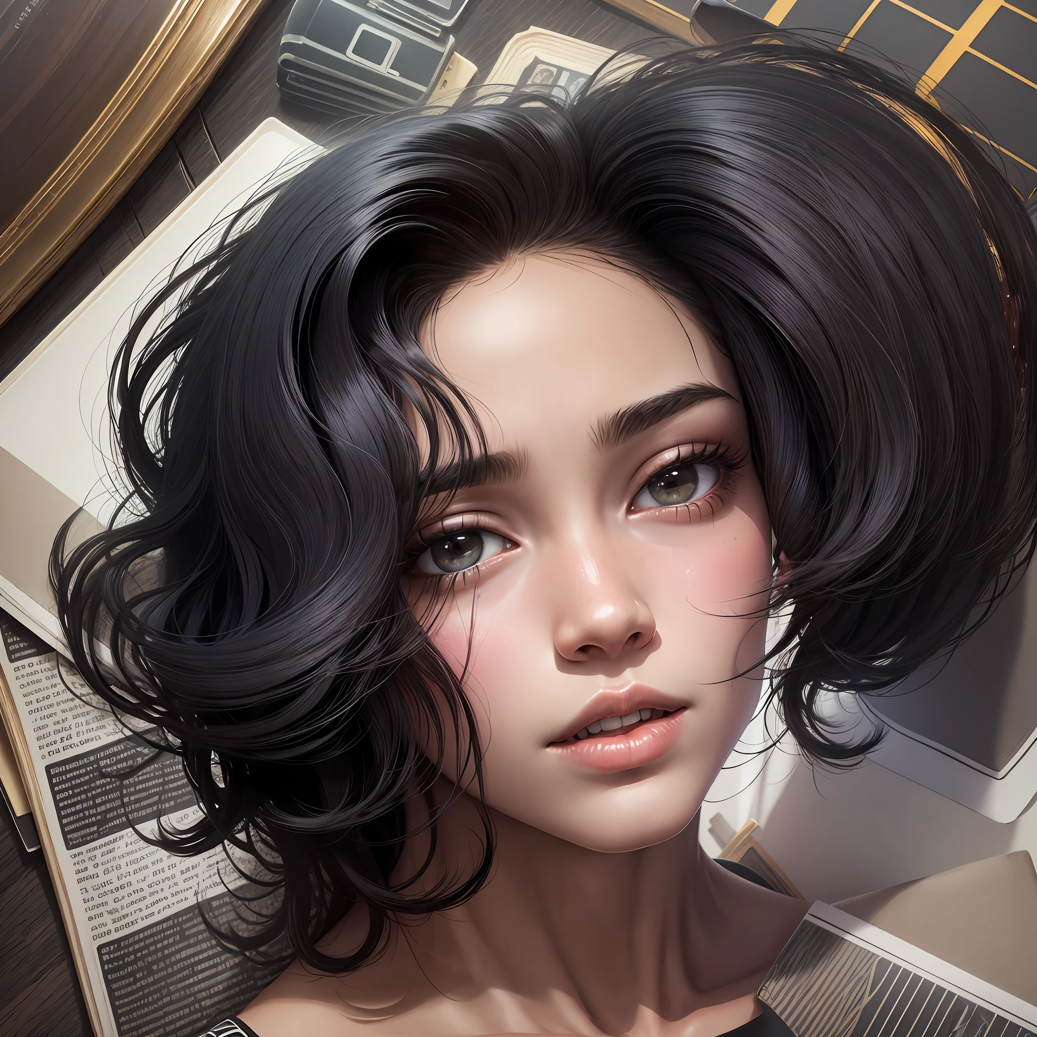 black hair, teen room, smartphones, books, Surrealism, 8k, super detail --auto --s2
