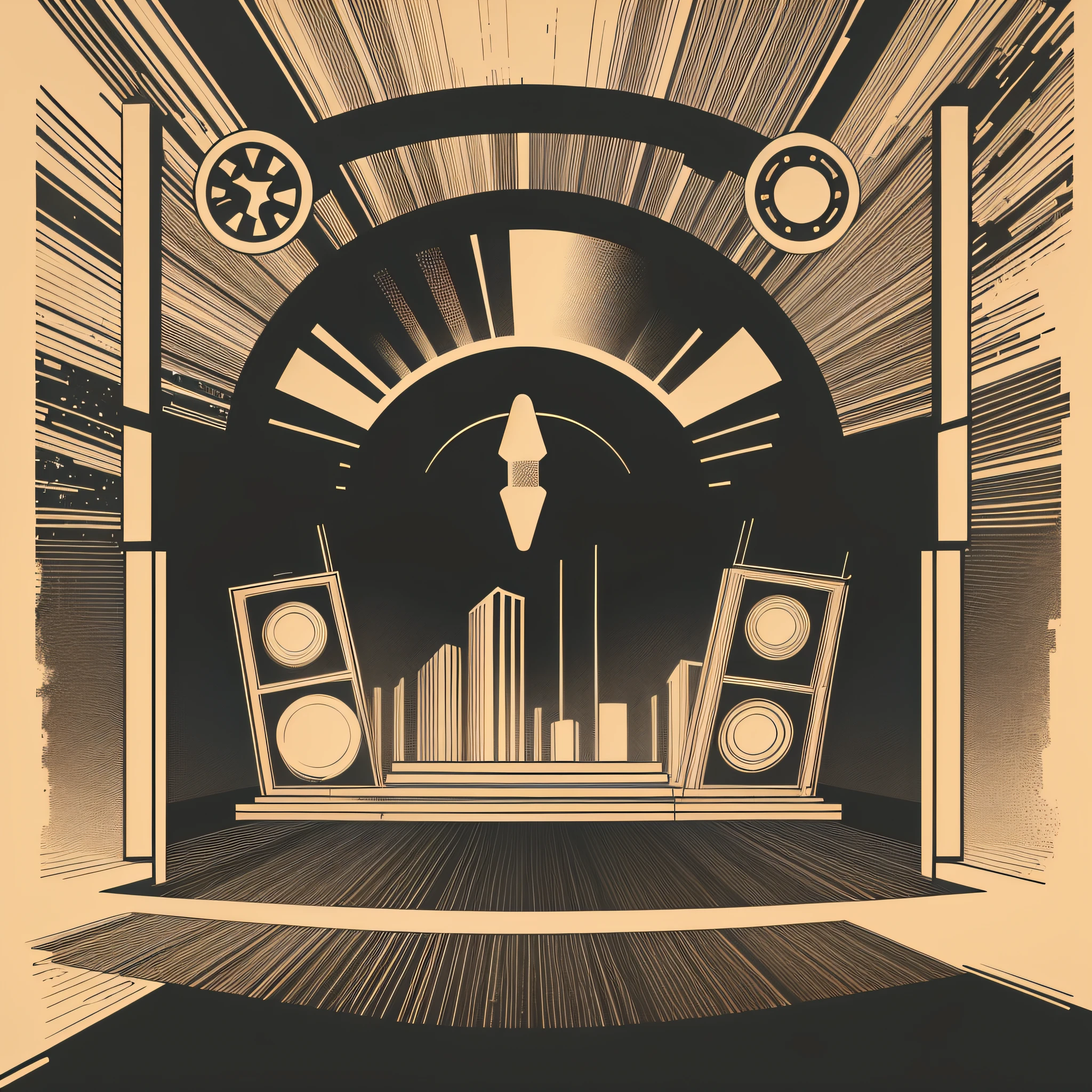 Oldschool logo, illustrator, of a stage with lights and space for a sign