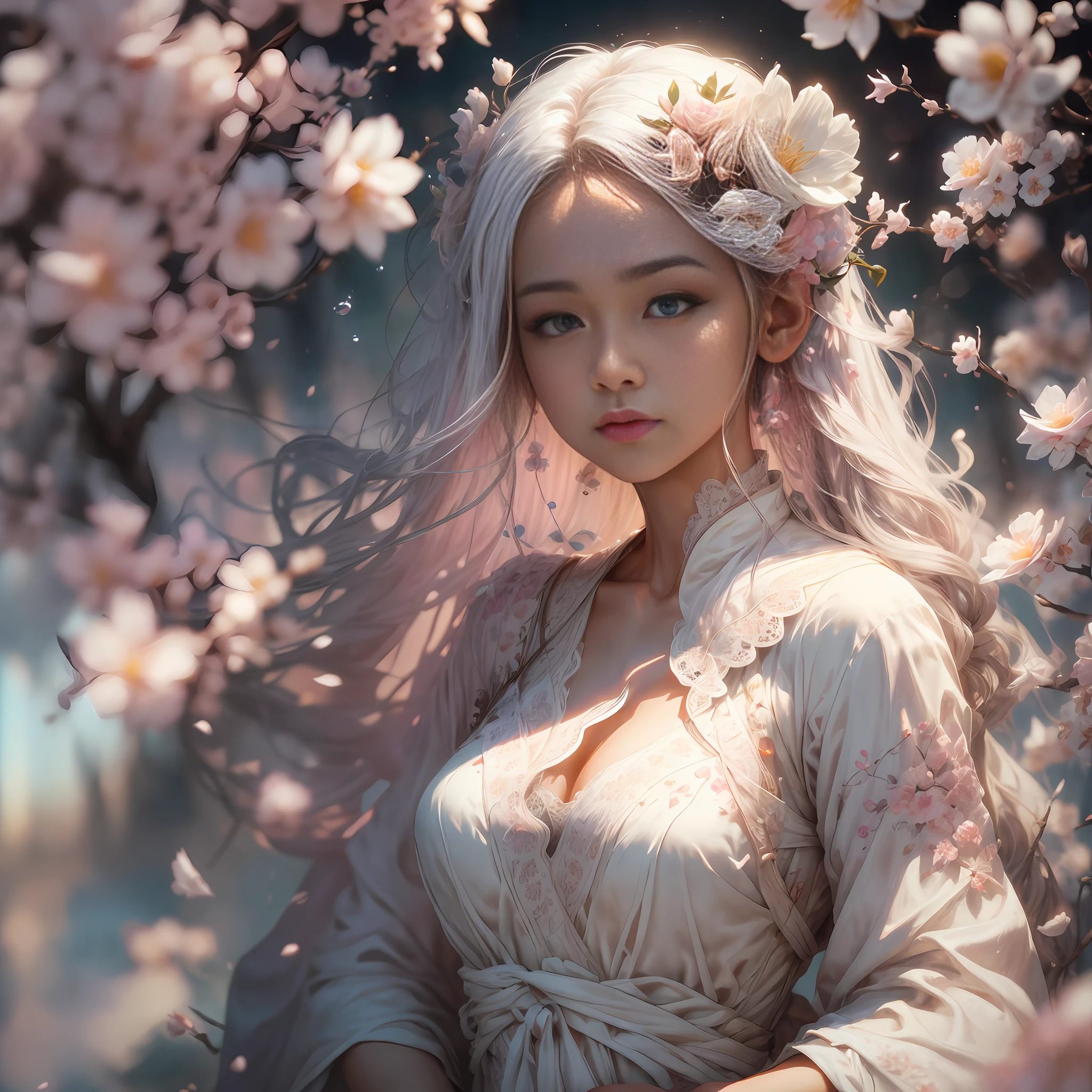 (masterpiece: 1.5), (best quality: 1.2), (highly detailed: 1.2), (ultra-detailed: 1.2), (1 girl: 1.0), upper upper body, (perfect face: 1.1), (standing: 0.8), (wet body:0.8),(lace bodice with flowers), (sakura petals:0.7), (hot spring:0.7), (surrounded by mist:0.6), (relaxing atmosphere:0.6), (long hair:0.5), (white silk clothing: 0.5), (beautiful face: 0.5), (30 years: 0.5), (water drops: 0.5), (pink flower in hair: 0.4), (serene expression: 0.4), by Lee Jeffries Nikon D850 Stock Film Photography 4 Kodak Portra 400 Camera F1.6 Lens Rich colors Hyper realistic Texture Dramatic lighting Unreal engine Trend in the arts station Cinestill 800