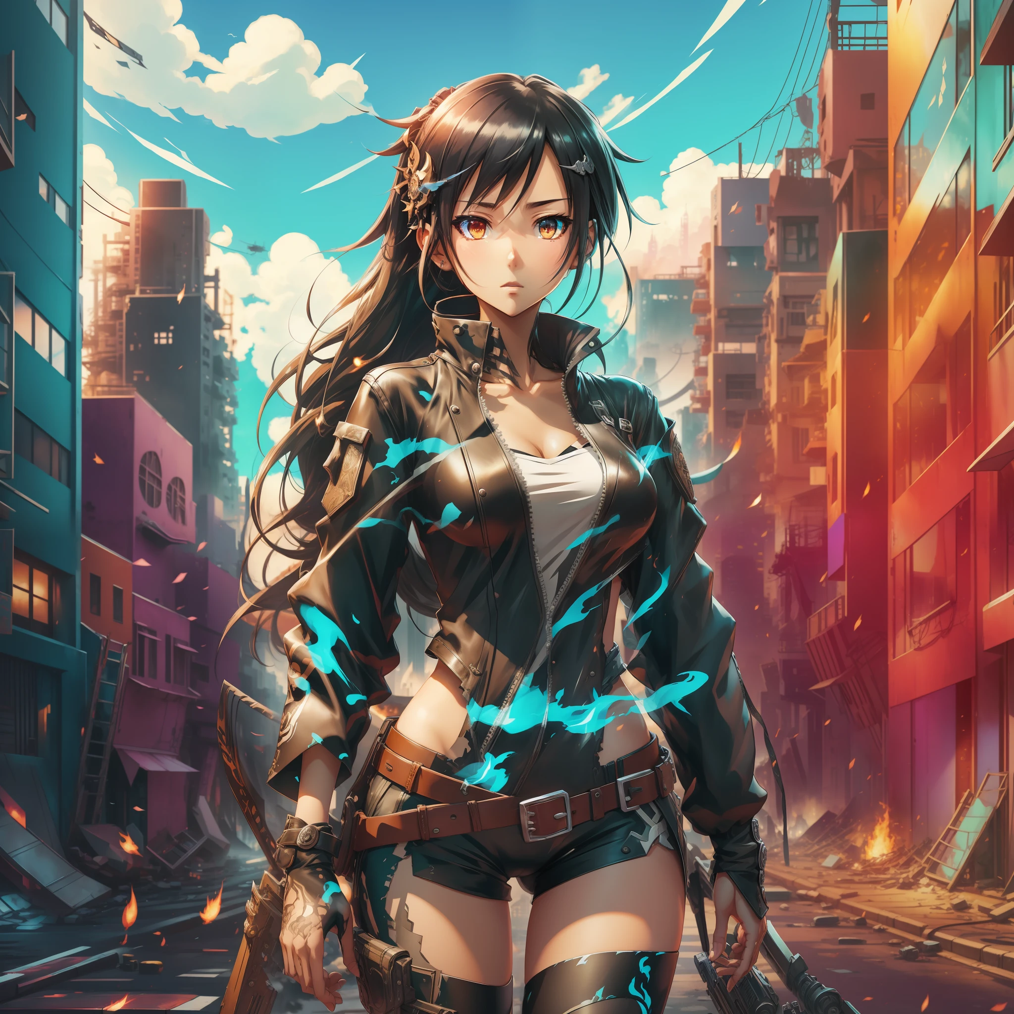 anime style, natural pose, freedom, digital illustration, (anime style), perfect anatomy, black rock shooter, highly detailed, art station, concept art, soft and sharp focus, well-formed eyes, beautiful face, well-defined hips, shy and seductive, sexy left eye with blue flame, chaotic scenery, buildings in the background destroyed, black leather jacket, beautiful scenery, hyper detailed, Buildings.