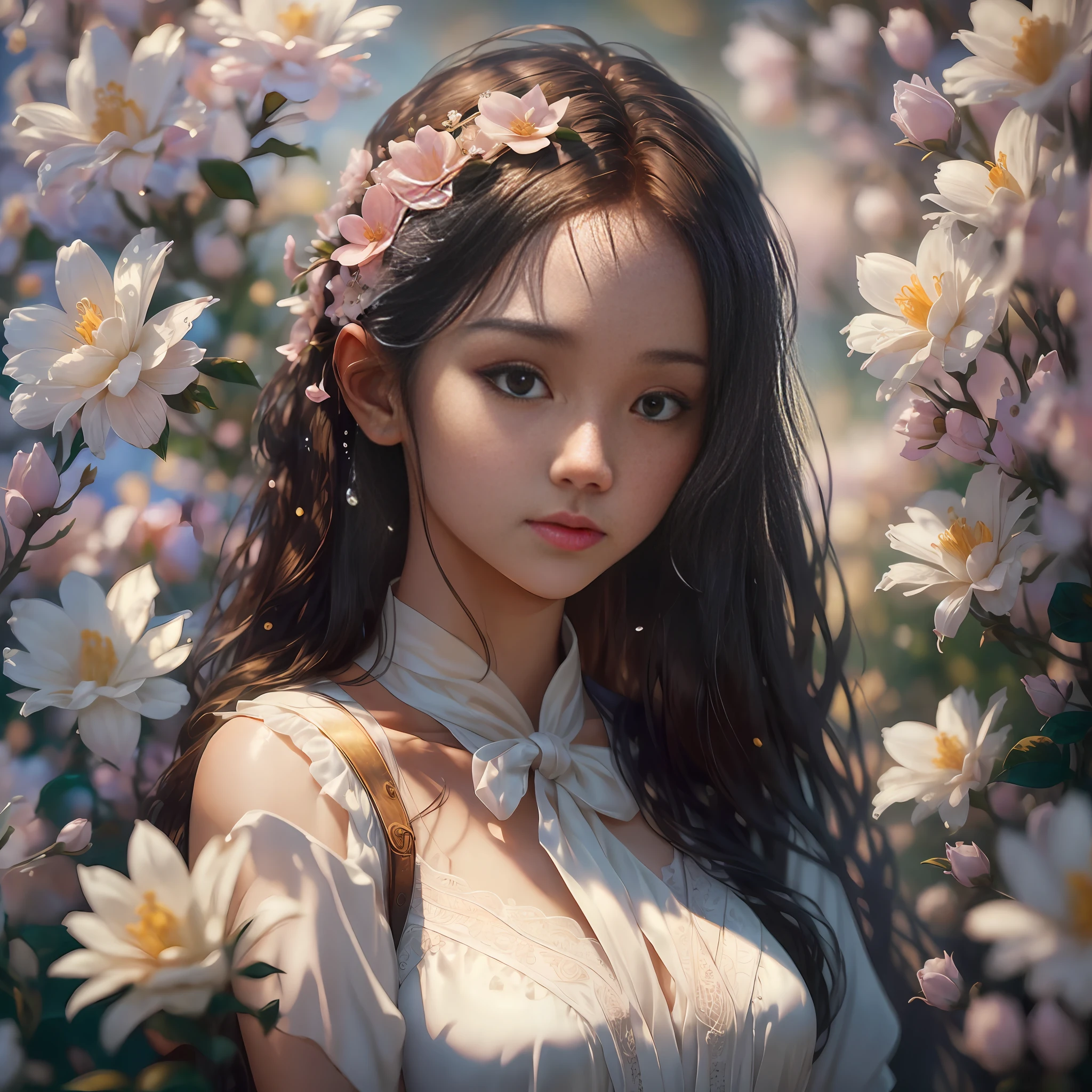(masterpiece: 1.5), (best quality: 1.2), (highly detailed: 1.2), (ultra-detailed: 1.2), (1 girl: 1.0), upper upper body, (perfect face: 1.1), (standing: 0.8), (wet body:0.8),(lace bodice with flowers), (sakura petals:0.7), (hot spring:0.7), (surrounded by mist:0.6), (relaxing atmosphere:0.6), (long hair:0.5), (white silk clothing: 0.5), (beautiful face: 0.5), (30 years: 0.5), (water drops: 0.5), (pink flower in hair: 0.4), (serene expression: 0.4), by Lee Jeffries Nikon D850 Stock Film Photography 4 Kodak Portra 400 Camera F1.6 Lens Rich colors Hyper realistic Texture Dramatic lighting Unreal engine Trend in the arts station Cinestill 800
