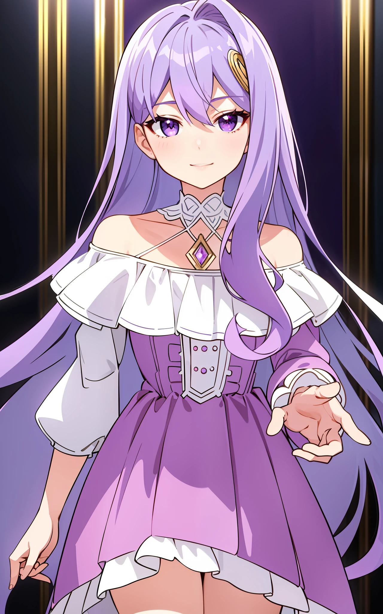 (masterpiece), best quality, intricate details, ultra details, ultra quality, rule of third, (looking at viewer), detailed face, detailed iris, glossy lips, 1girl, solo, long hair, purple eyes, hair between eyes, purple hair, hair intakes, bangs, smile, (full body shot), pink dress