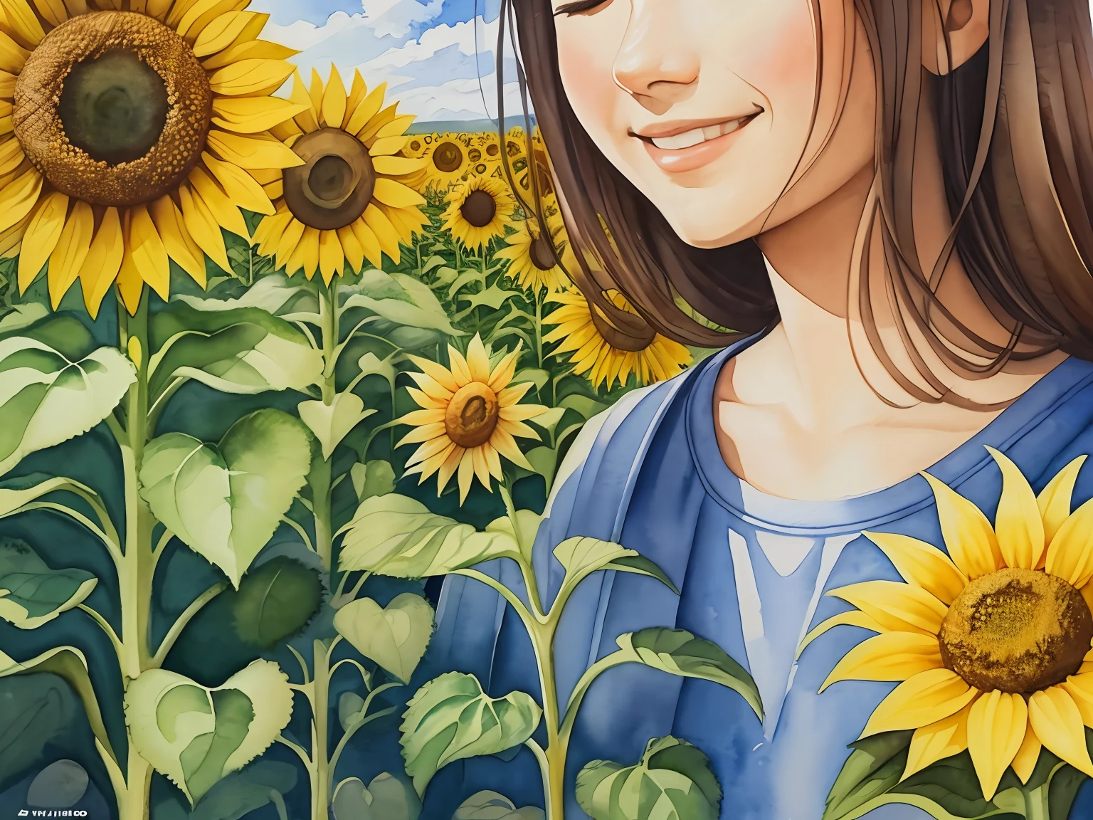watercolor painting, 1girl with her eyes closed smiling and looking at a sunflower in her left hand, closeup, close-up, oil, Perspective of the rule of thirds candido portinari --auto --s2