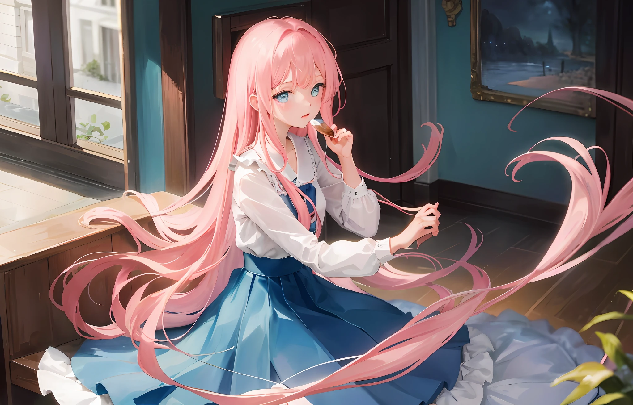 ((Best Quality)), (Masterpiece: 1.2), (Delicate Beautiful Girl), Illustration, 1 girl, pink hair, very long hair, blue eyes, white shirt, skirt, looking at the audience, room, sofa, red wine,