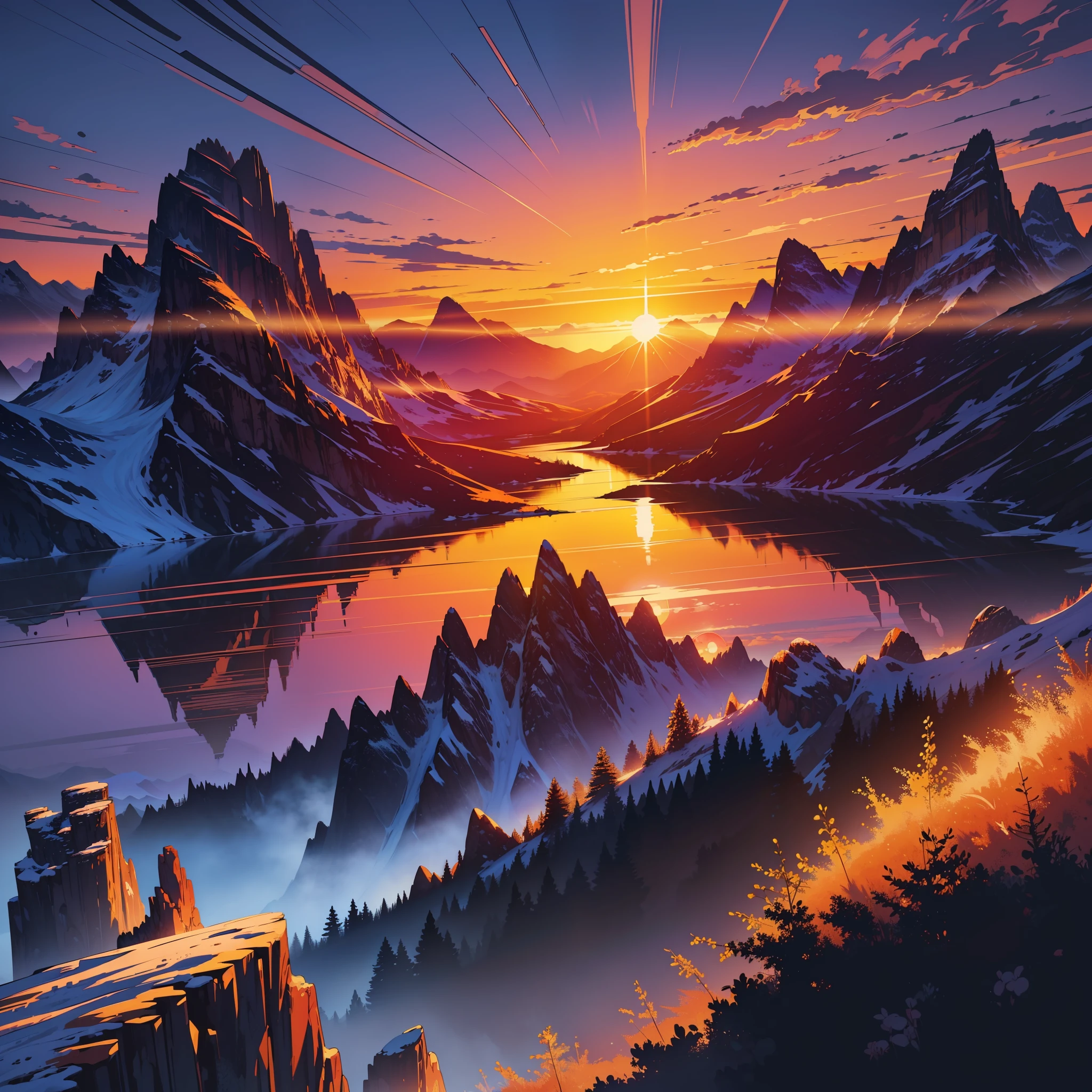 ((best quality)),(detailed), ((vector style)), ((a sunset landscape with mountains)), 4k, HDR,8k, anisotropic filtering, (warm and beautiful colors), (masterpiece), pleasant.