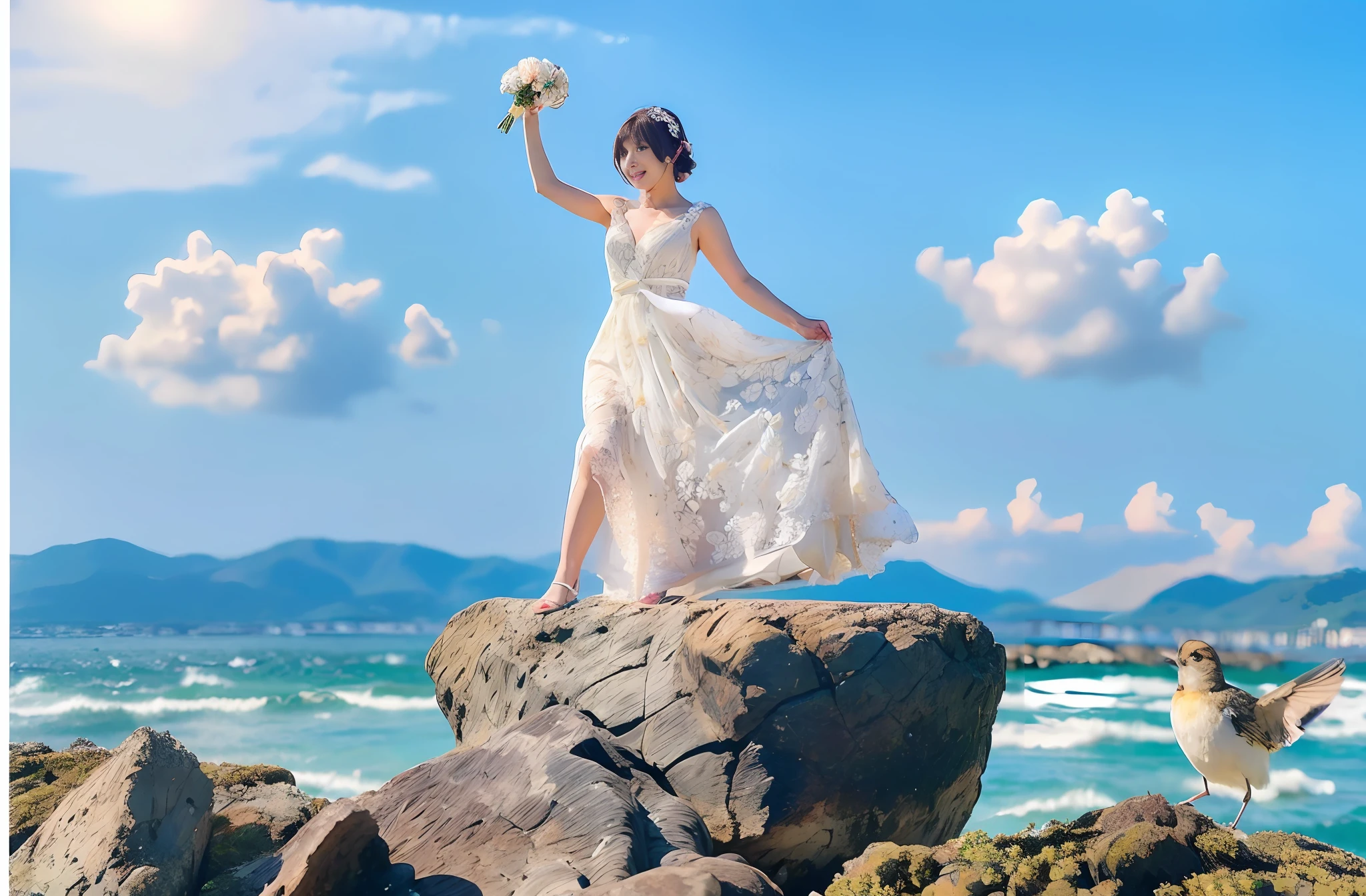 japanese idol,cute,brown short bob hair,wedding dress,flower pattern,standing on the rock,bird,large breast