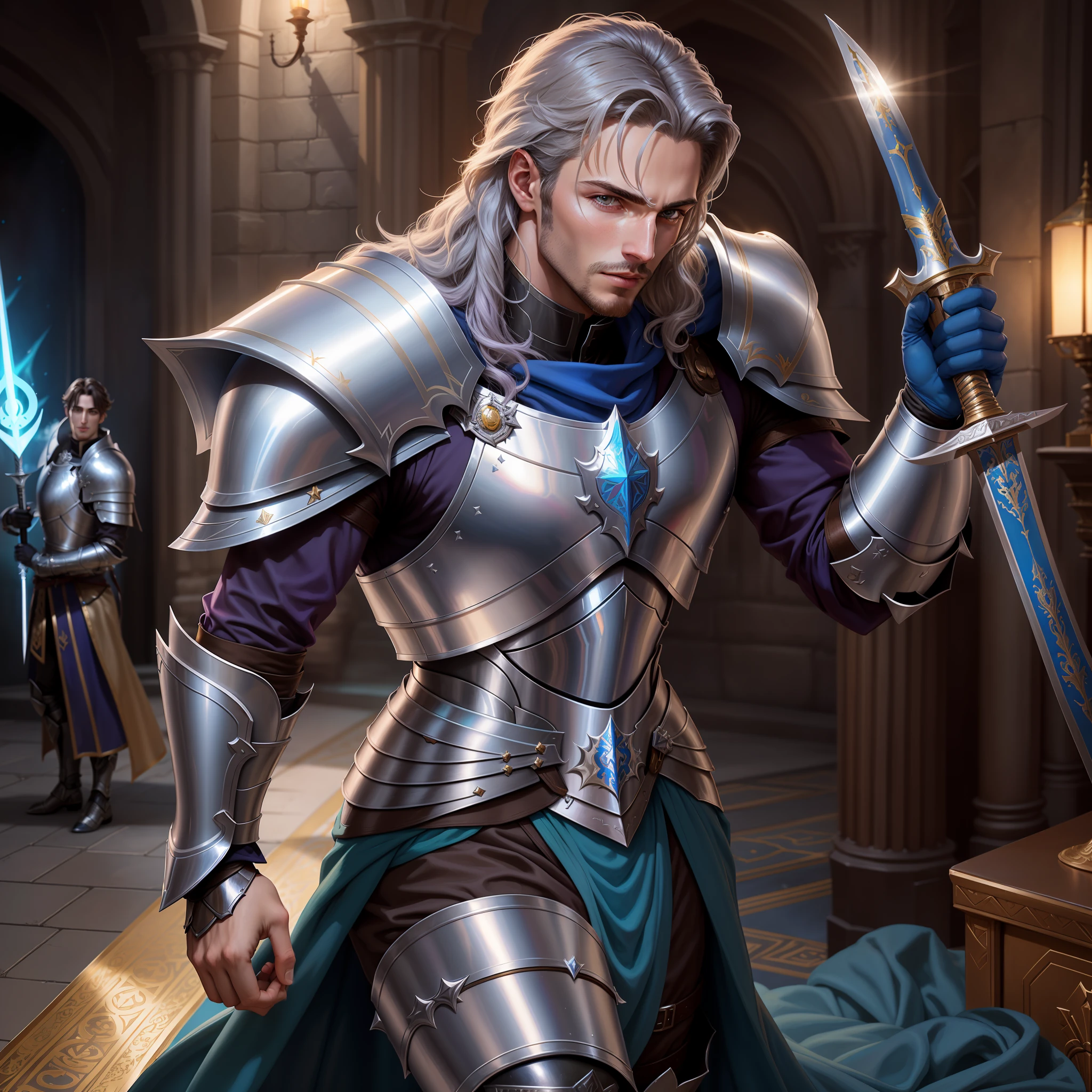 there is a male knight in a silver suit holding a sword, arsen lupin as a paladin, male paladin, magali villeneuve', a human male paladin, graphic artist magali villeneuve, attractive male with armor, inspired by Magali Villeneuve, picture of a male cleric, casimir art, fantasy paladin, male warrior silver armor