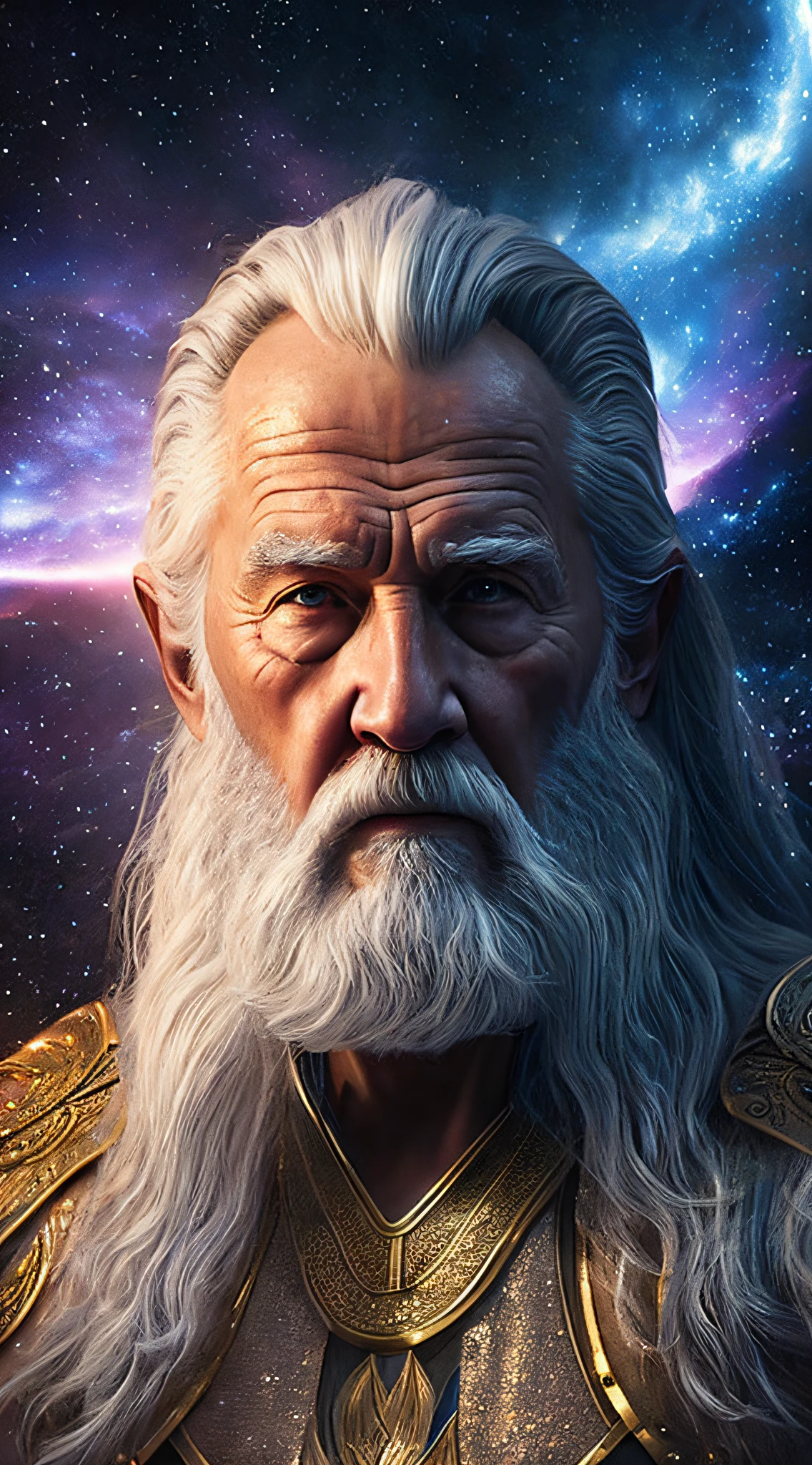 super high resolution, best quality, photo, 16k, (photorealistic: 1.2), cinematic lighting, face of an old man shaped like the mythical god Odin. Depict the god Odin, enveloped in a radiant aura. Show it against a cosmic backdrop, glittering and floating, surrounded by the splendors of the universe. Pay meticulous attention to stunning detail and reach 64K resolution for an immersive and lifelike visual experience. Let your work capture the essence of myth and wonder, leaving viewers in awe of its beauty and power.