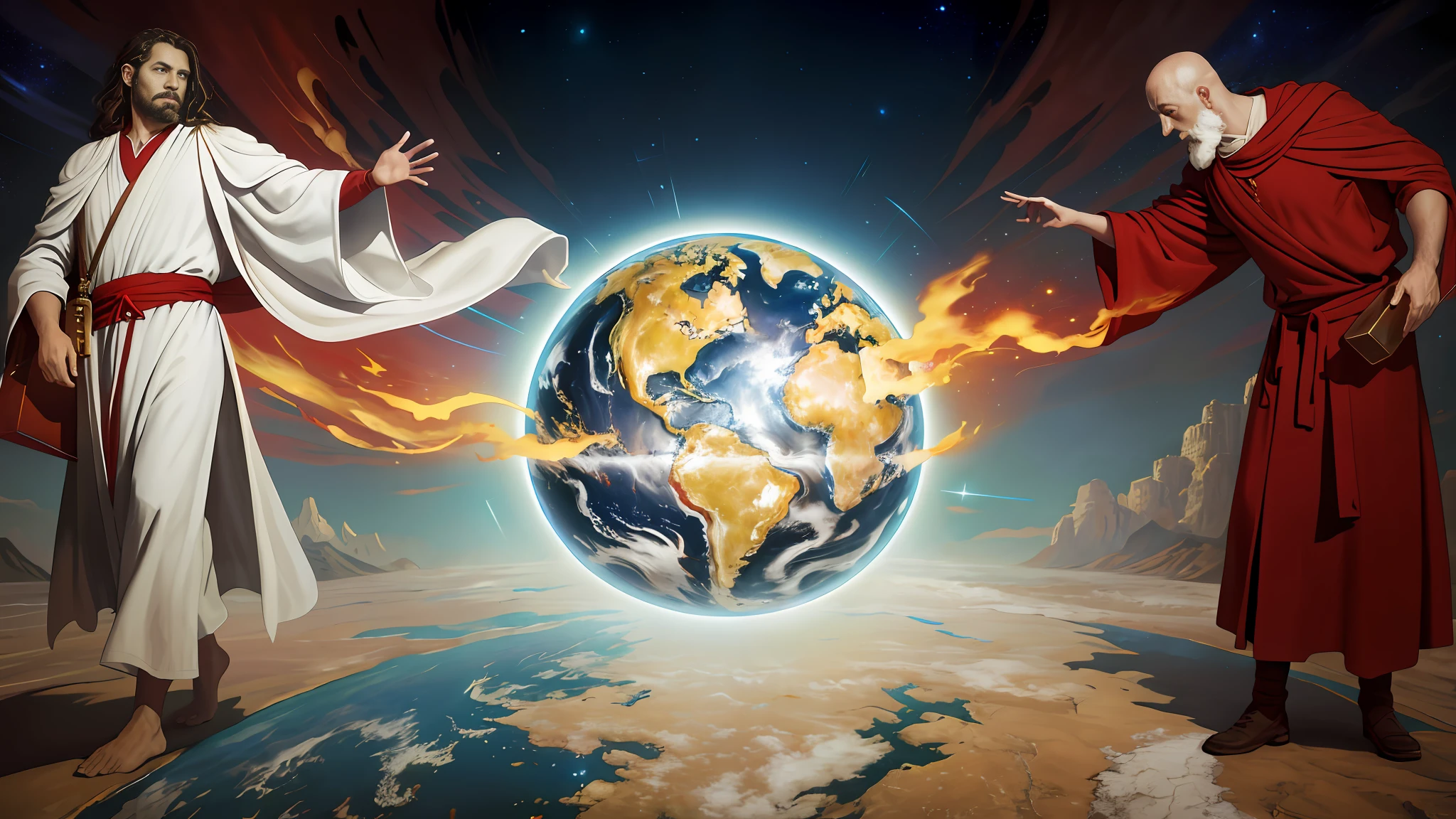 Oil painting, surrealism, there is a scenario of man with white robes and a bag, there is another man with red robes and a bag, in the middle an image of the planet earth, in the background the cosmos, universe, epic biblical representation, 8k uhd, cinematic lighting, high quality, --s2