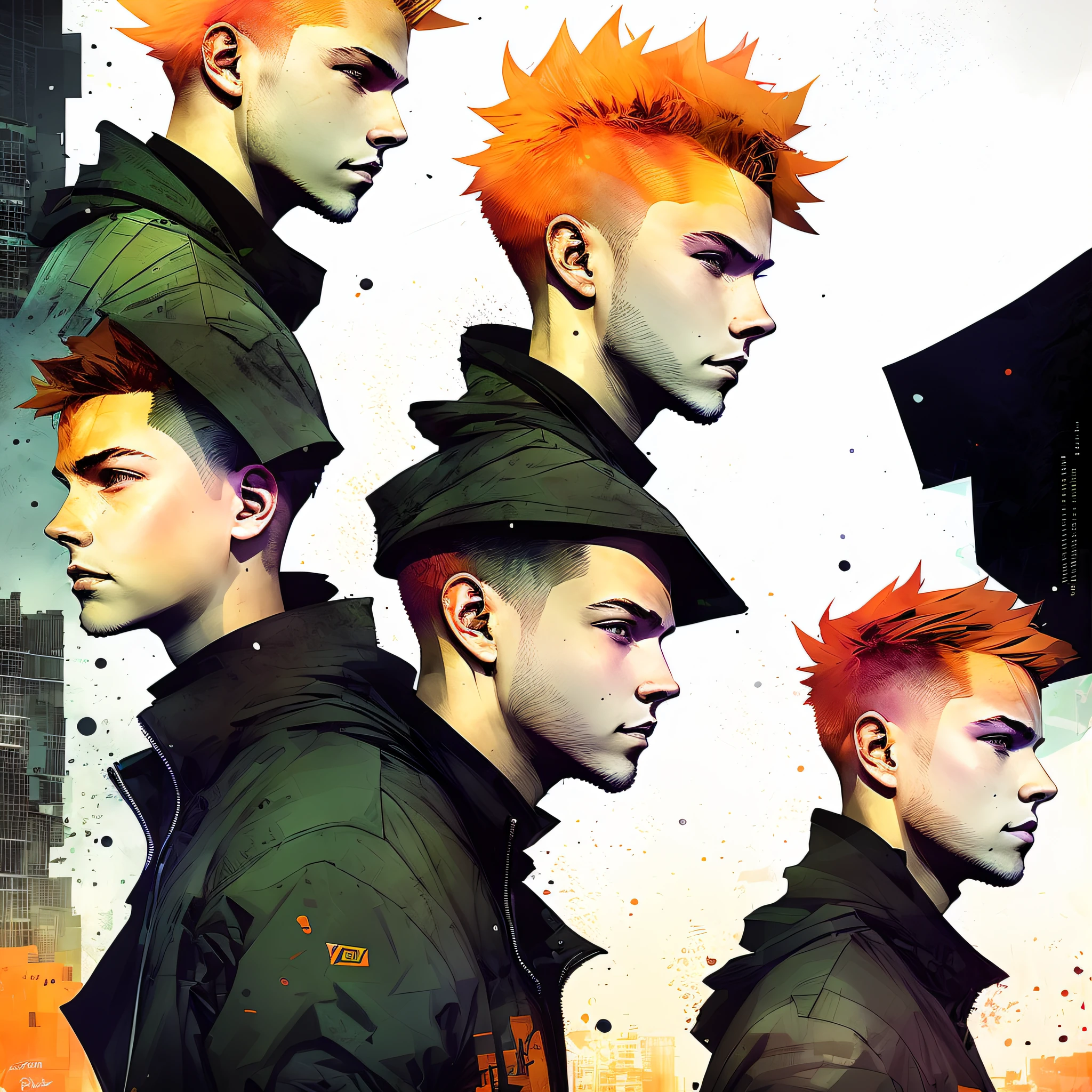 (((highest image quality))), clear, young man with orange hair standing in the city, boy with orange hair, facing forward, staring into the distance, camera looking up from a lower position, digital cyberpunk art, enki bilal, modern cyberpunk anime, anime cyberpunk art, high quality cyberpunk art,