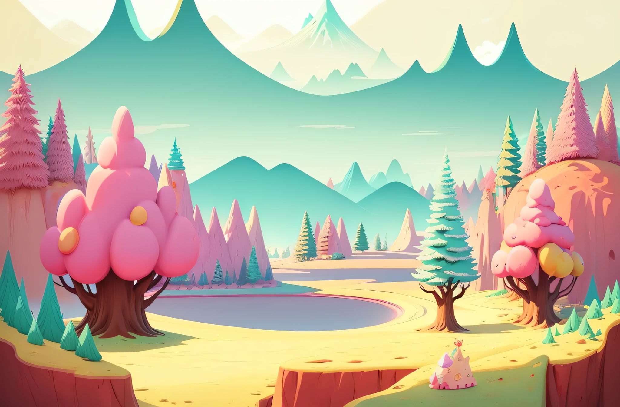 cartoon landscape with trees and mountains royalty illustration, candy forest, 2d game background, 2 d game art background, mobile game background, candy land, videogame background, background art, Candyland, 2d game asset, stylized background, background artwork, desert background, 2 d game environment design, 2 d game assets, 2d game art, 2 d game art  , ice cream land, ice cream, candy tree  , cotton candy tree, cotton candy cloud ,chocolate river, allice in the wonderland. Using a vibrant color palette, create an enchanting and detailed illustration of a whimsical Cartoon Fairy Tale Landscape Candy Land, featuring towering candy mountains, a magical forest with candy trees, flowing chocolate rivers and fluffy marshmallow lakes, charming gingerbread houses and candy cottages, delightful sweet characters, balloon-filled skies, and playful activities throughout the land. Clean vector, illustration. --auto --s2