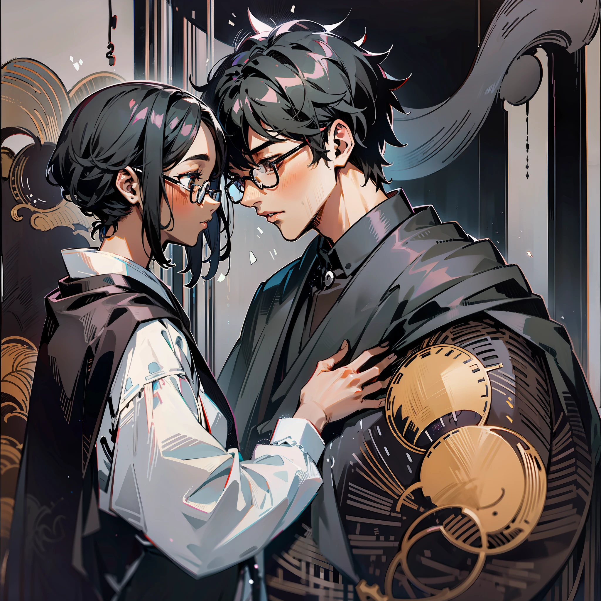 A black-skinned woman kissing a japanese man with short, black hair. He has dark eyes, and wears a black cloak with a white-button up shirt underneath. He has black-framed glasses.