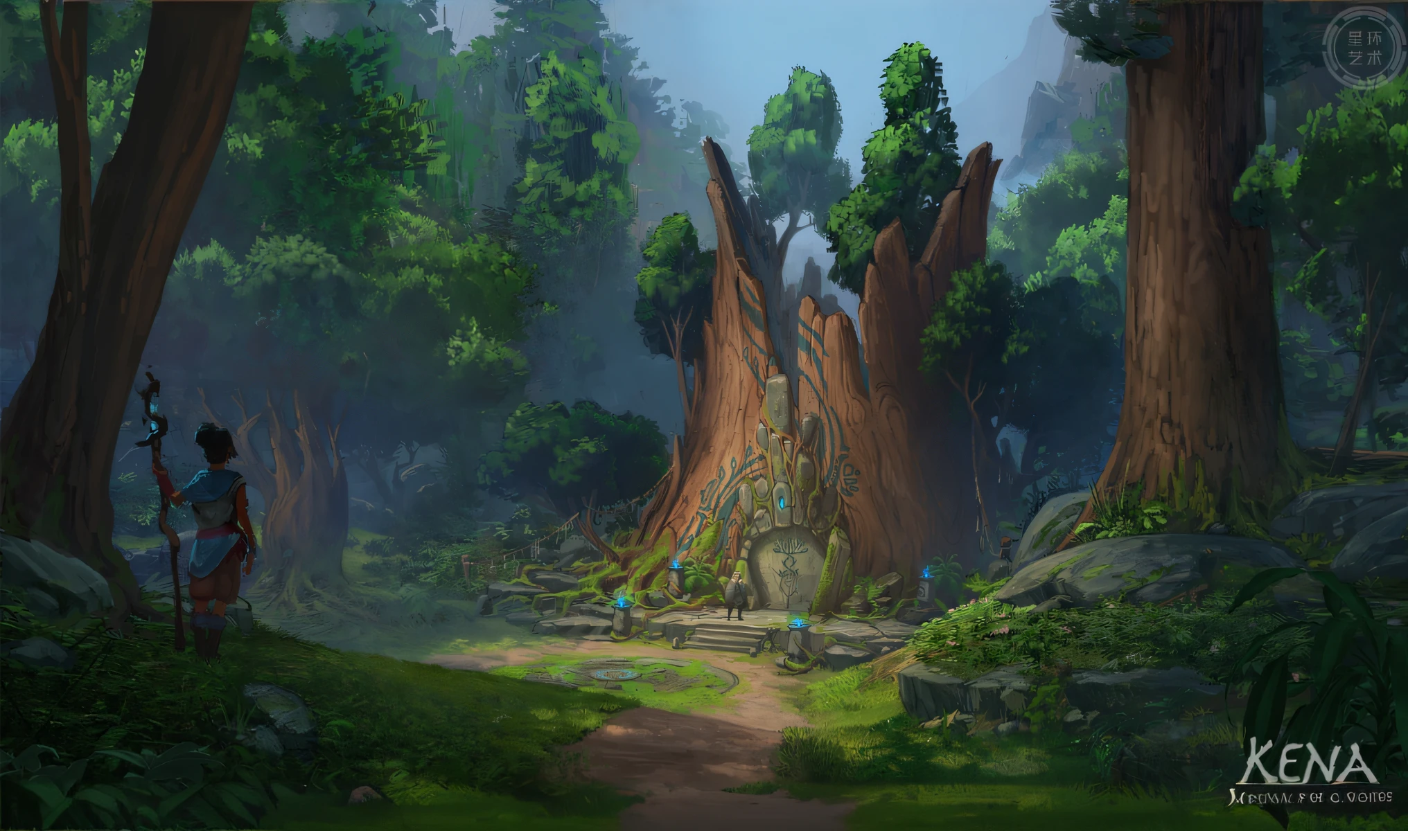 anime scene of a man standing in a forest with a bow, painted as a game concept art, ancient wood environment, world of warcraft concept art, elf forest background, environment concept art, ancient forest, fantasy forest environment, environmental concept art, world of warcraft art style, stylized concept art, dota matte painting concept art, riot games concept art
