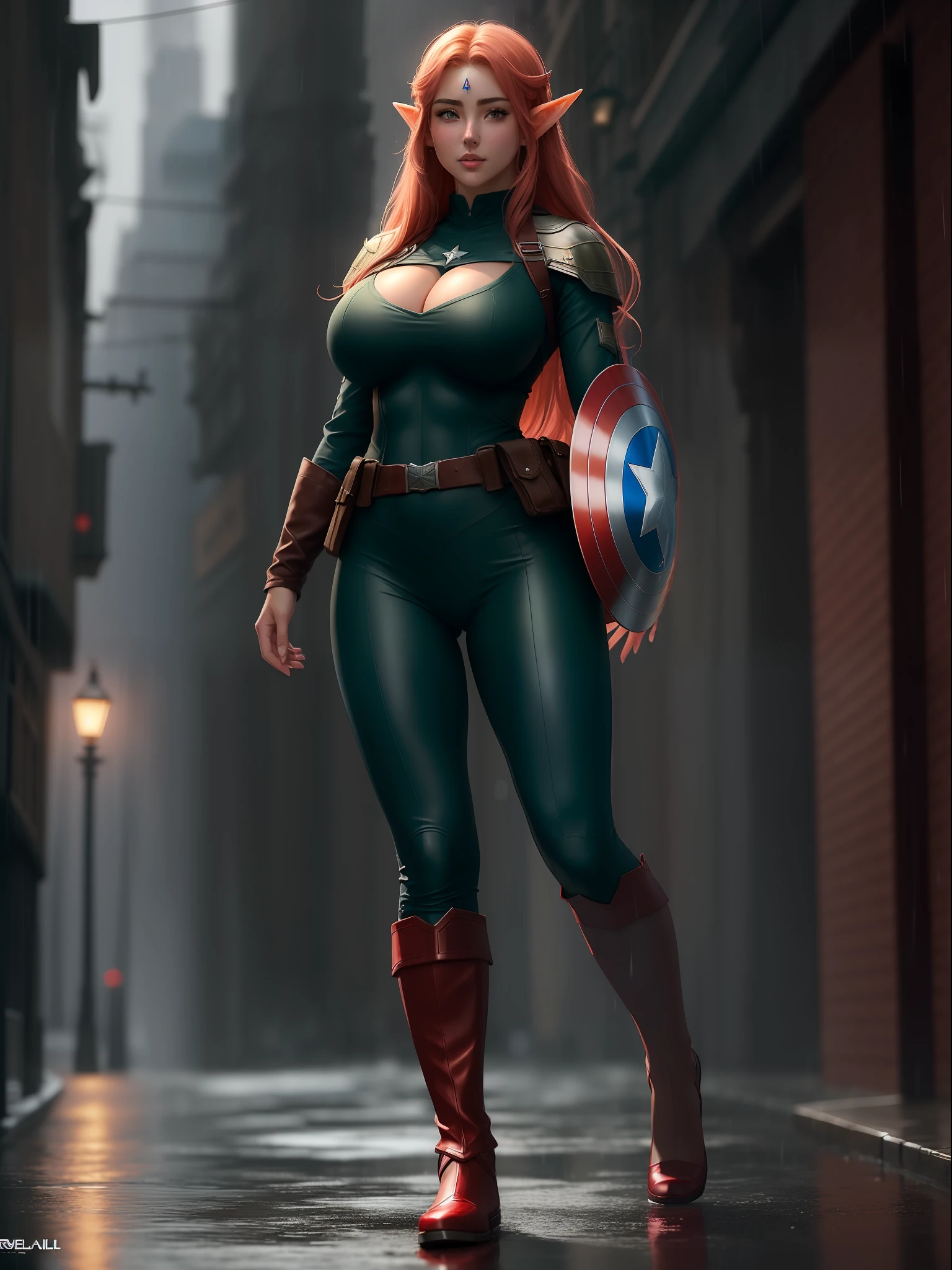 (Full body photo:2.0), (An 18-year-old Elven girl:1.5), (she has extremely large breasts:1.9), (she's wearing Captain America's costume+shield:1.5), (She's walking in a city at night raining hard:1.5), (she's doing sexy poses:1.5), (she's wearing an extremely tight body/very small outfit:1.5), (she has red blues:1.3), (she has green eyes:1.3), (She's embarrassed/reddened cheeks:1.1), anime, Realism, 16k, best quality, high details, UHD, masterpiece