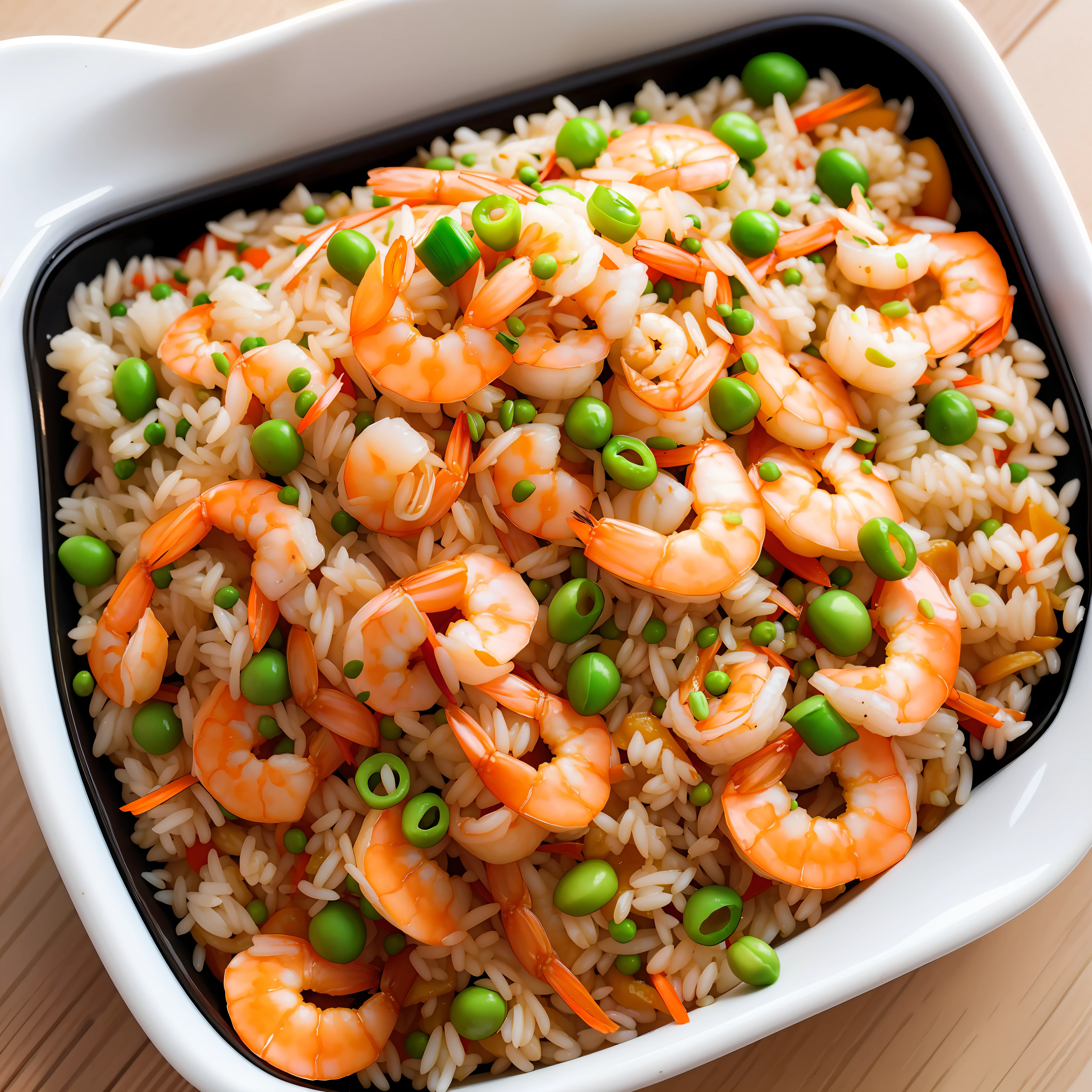 shrimp and rice dish with peas and carrots in a white bowl, shrimp, yummy, rice, ❤🔥🍄🌪, recipe, chinese, by Arthur Pan, high quality photos, wok, easy, beans, !!highly detalied, healthy, evan lee, prawn, cuisine, beautiful image, beutiful!, ready to eat, very tasty, trending ,