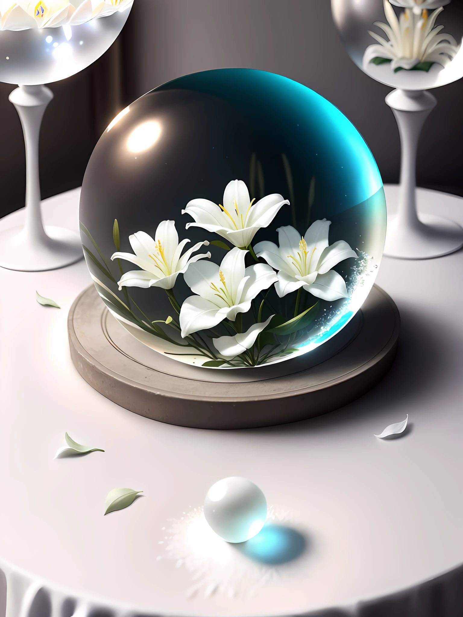 artistic, stunning, mysterious, hyperrealism, 16K high resolution, Unreal Engine, soft light, (maximum sharp focus: 1.3), light from directly above, (white lily flower trapped in a crystal ball with pedestal: 1.3), (white sand, in the forest: 1.3), (on the temple table: 0.5),