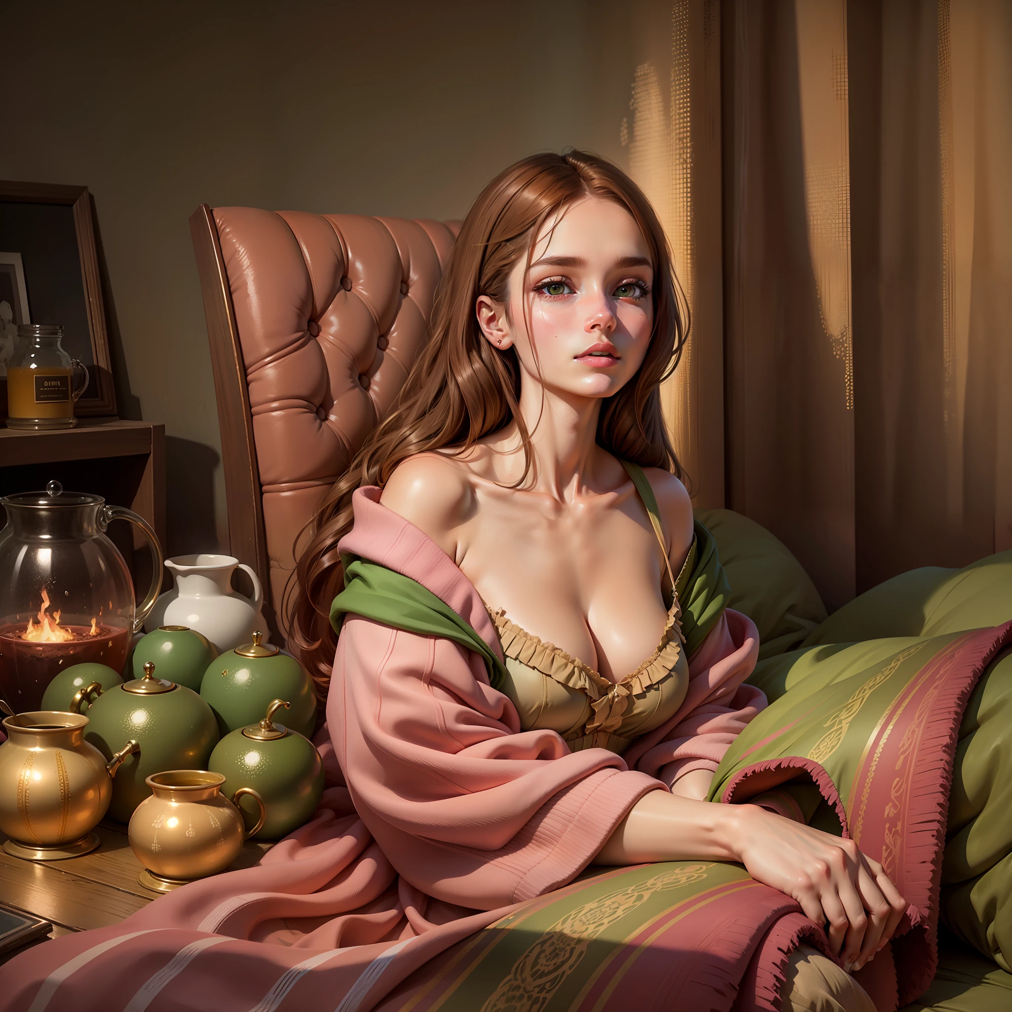 Surrealism, 8k, super detail, young woman, light brown hair, room with warm lighting, objects in shades of burnt pink and moss green --auto --s2