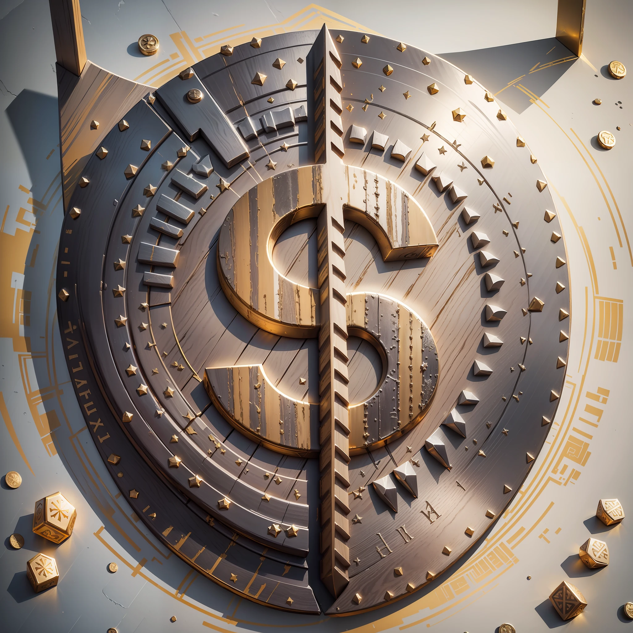 Viking shield in wood(realistic) Three tips on top, one tip on the bottom, brushed metal on the edges (realistic), in the center a golden dollar sign (artistic) 8K, with screws in gray color (art), (beauty), (viking) --auto --s2