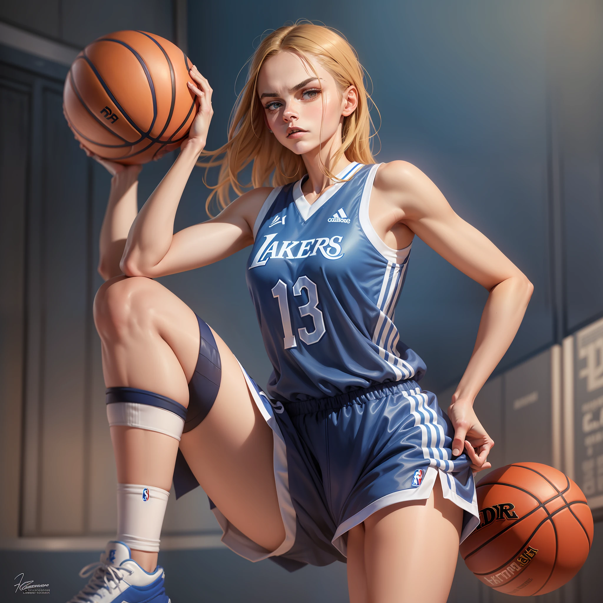 arafed female basketball player in a blue and white uniform, wearing nba jersey, emma watson as a tall nba player, cara delevingne standing, full legs, wearing basketball jersey, athletic fashion photography, long legs, leg and thigh shot, sophie turner girl, portrait of zendaya, corinne day, “zendaya, alexa grace, thighs close up, karolina cummings