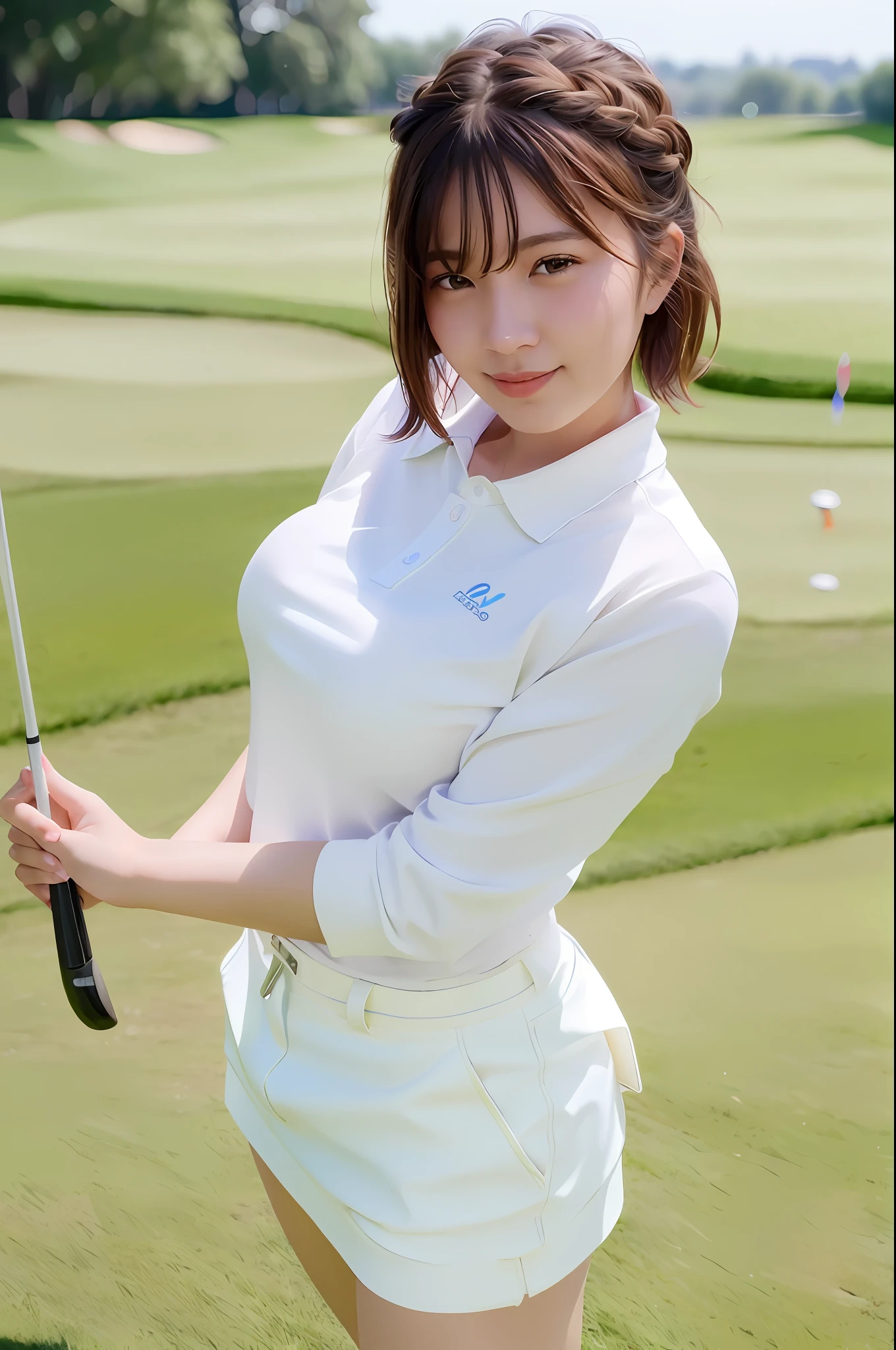(skin spots: 1.2), (skin dentation), Black eyes, 1 female, 25 years old, ((((Female))), Solo, Real, Best Quality, Photorealistic, Masterpiece, 8K, High Resolution, Solo, Very Detailed Face, (Professional Lighting, Bokeh), (Light Particle, Lens Flare, Luminous Particle: 0.6), (Dynamic Pause: 1.2), Soft Lighting, Top Angle View, fashionable and trendy, Golf course, (daytime)), Sky, ((Viewers: 1)), (Look at the camera), (Portrait: 0.6), Gorgeous, Standing, Keep the original facial proportions, Wide shoulders, Full body, (Huge breasts), ((Huge breasts)), (Short hair), Brown hair, Floating hair, Braided hair, Lips, Lipstick, Seductive smile, Floating hair, Braided hair, Smile(open_mouth(Ladies' Golf Wear))), (holding golf clubs), eyelashes, moles, (moles under the eyes: 1),
