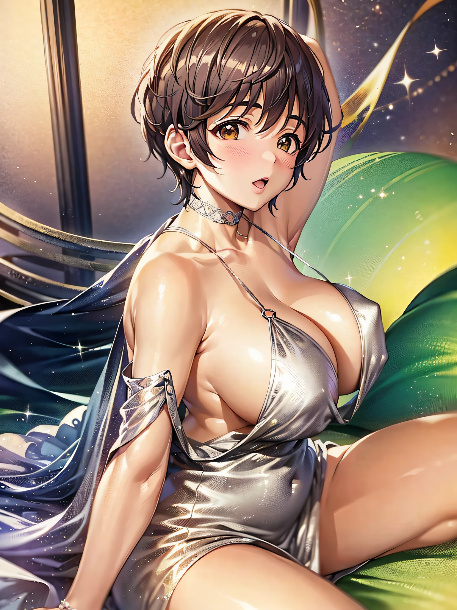 (masterpiece)), ((best quality)), (ultra-detailed), ((kawaii)), cute, (lovely), ((extremely detailed)), 4K, (8K), best quality, (beautiful),(((world-class quality))), extremely detailed, high resolution, (detailed shaded pretty face), full body, teenager, solo, ((gigantic breasts)), (((sagging breasts))), LuxuriousWheelsCostume,  silver dress,  oikawa shizuku , armpits, on the bed, from side