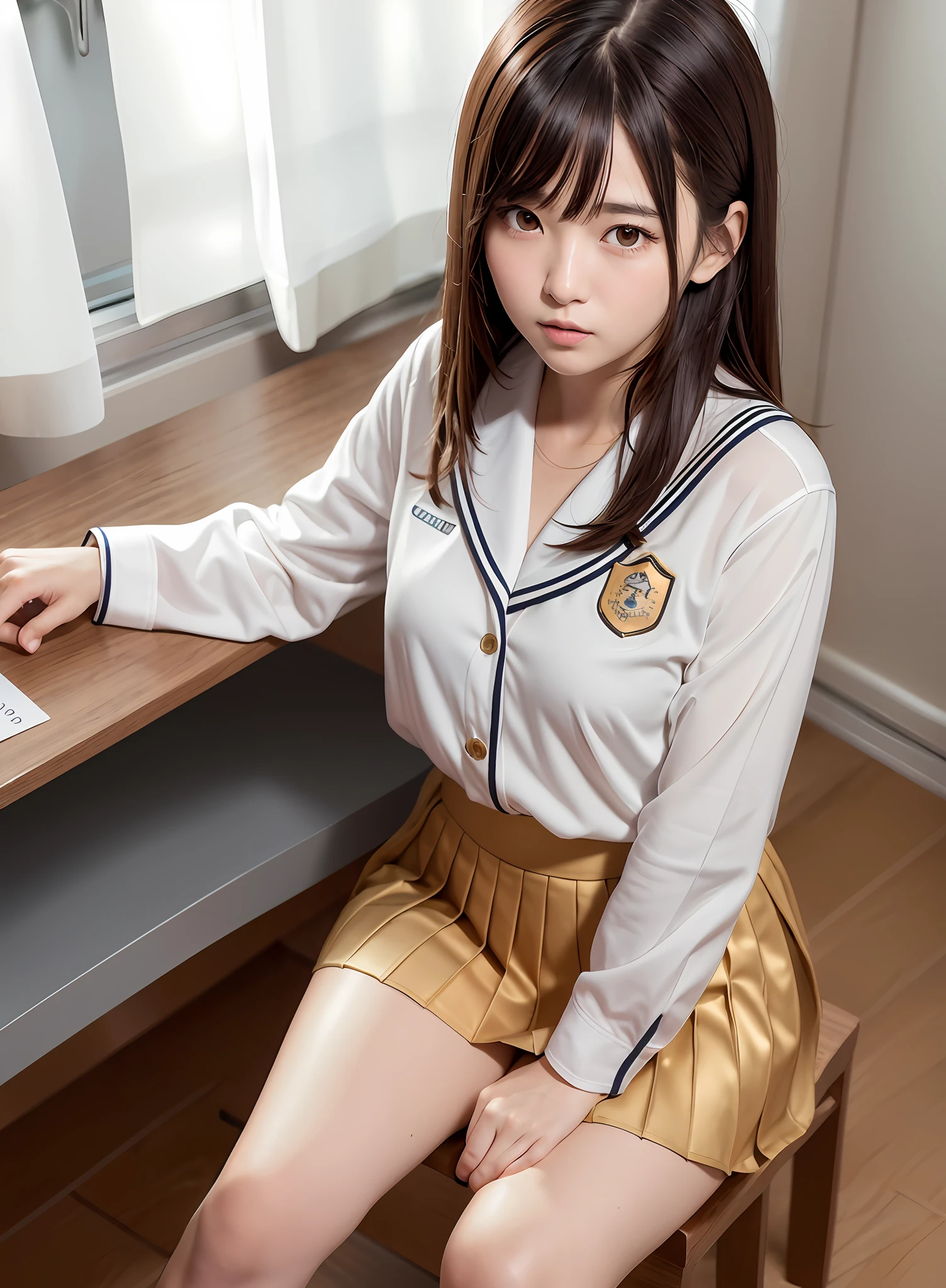 Alone, Korean face, medium hair, brown hair, shiny gold eyes, sailor suit, background is school classroom, sitting at desk, legs crossed, pleated skirt, light coming in through curtains, realistic 1.2
