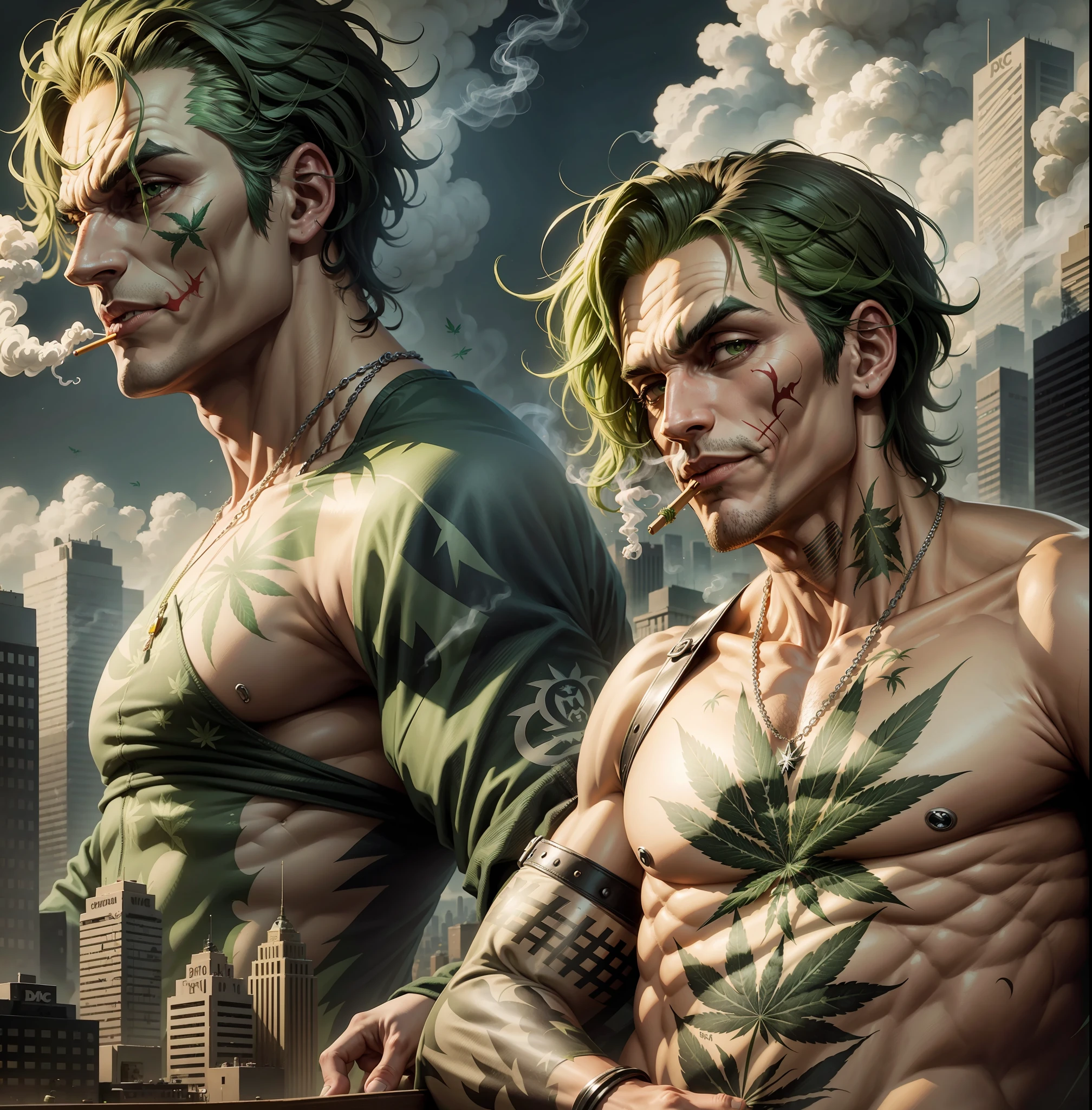 a cartoon marijuana leaf,smoking cannabis,joker style man dc comics,with lots of details,gotan city scenery,well detailed scenery,