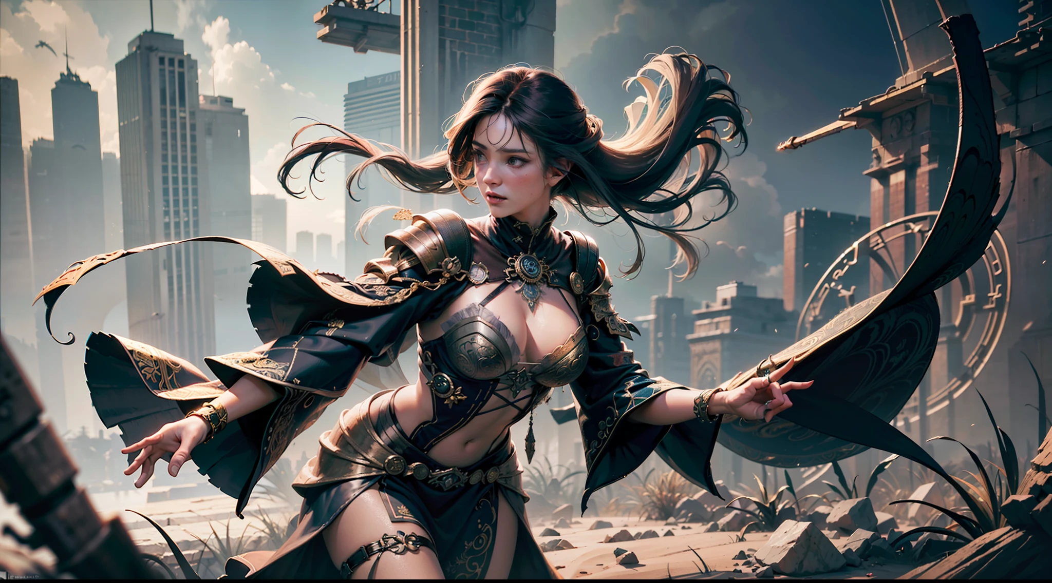 ((best quality)), ((masterpiece:1.2)), (extremely detailed:1.1), (8k, high quality, cinematic, hyper realistic, illustration), (autodesk maya, octane render, unreal engine, game character, ray tracing, hdr), (35mm focal length, f/2 aperture, dynamic perspective, depth of field),(1girl, dynamic angle), the most beautiful form of chaos, a brutalist designed, vivid colours, (zentangle, mandala, tangle, entangle), (fractal art), silk web, 3d, realistic, CG, 3D model, beautiful, elegant, confident, (hdri, bloom, rim lighting, soft lighting, low key), delicate\(armor\) wizard robe