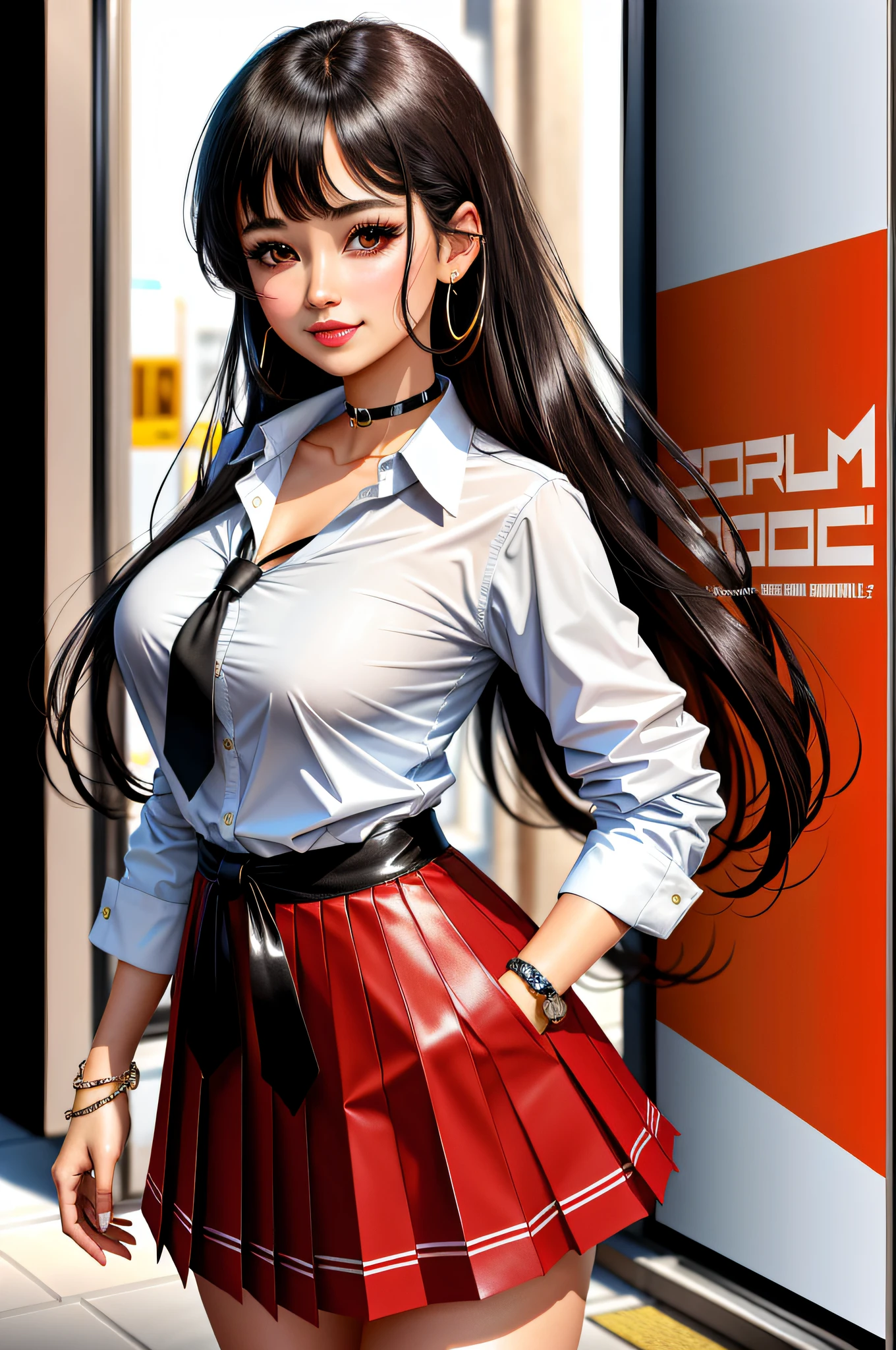 masterpiece, best quality, full body, 1girl, bangs, black choker, black necktie, black hair, blue skirt, blush, bracelet, breasts, choker, clothes around waist, collarbone, collared shirt, cowboy shot, dress shirt, ear piercing, eyebrows visible through hair, gradient hair, grin, gyaru, jewelry, kogal, long hair, looking at viewer, loose necktie, necktie, piercing, plaid, plaid skirt, pleated skirt, red eyes, ring, school uniform, shirt, skirt, smile, solo, white shirt, street, sky, cherry blossoms, petals,illustration, (magazine:1.3), (cover-style:1.3), fashionable, woman, vibrant, outfit, posing, front, colorful, dynamic, background, elements, confident, expression, holding, statement, accessory, majestic, coiled, around, touch, scene, text, cover, bold, attention-grabbing, title, stylish, font, catchy, headline, larger, striking, modern, trendy, focus, fashion,