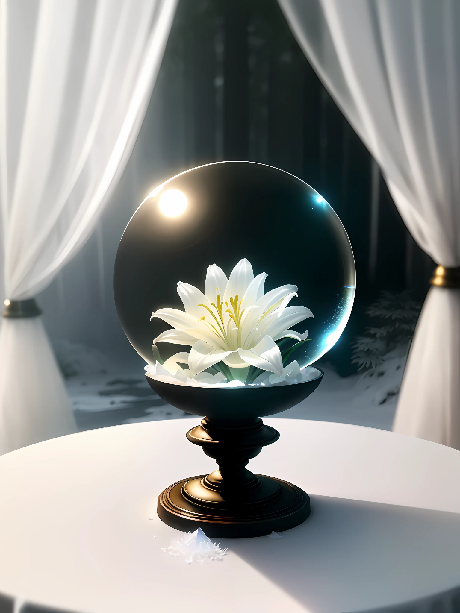 artistic, stunning, mysterious, hyper-realism, 16K high resolution, Unreal Engine, soft light, (maximum sharp focus: 1.3), light from directly above, (white lily flower trapped in a crystal ball with pedestal: 1.3), (white sand, in the forest, white fog: 1.3), (on table: 0.5),