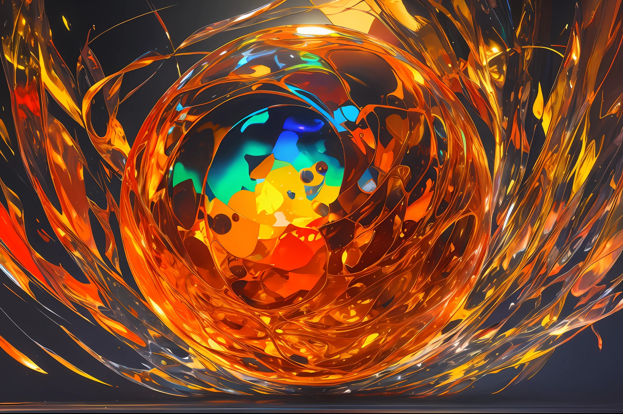painting of an abstract ethereal punk semi-transparent iridescent physalis, dynamic, dreamy orange, red and gold --auto --s2