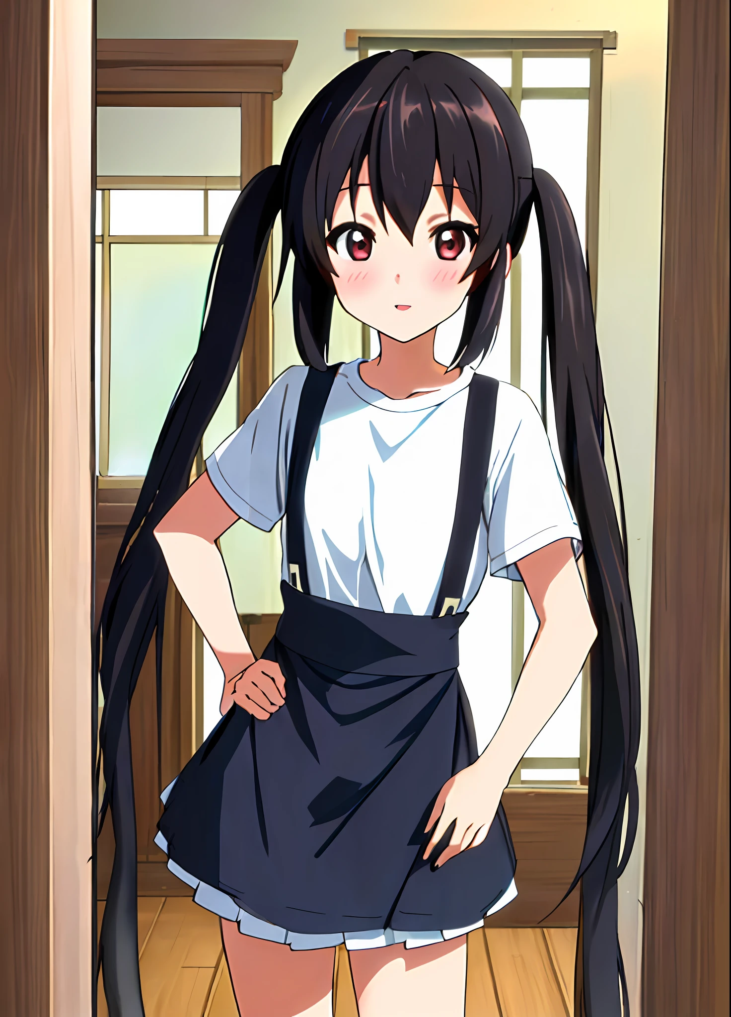 59
(((1girl)))), (((Masterpiece))), ((Azusa Nakano)), Long-haired, ((White T-shirt))))), (Suspenders)), (((Twin Tail)))), Black Hair, Emmade, Dark Brown Eye, Brown Eye, Alternative Costume, Apron, (((Skirt)), ((Restore)))), Best Quality, (((Room)))), Indoors, Smile, (((Small breasts)))), (blush:1.3), Epic Real, (Dark Shot:1.22), Neutral Color, (HDR:1.4), (Calm Colors:1.4), (Complex), (Art Station: 1.2), Dramatic and Complex Detail, (Technicolor: 0.9), Detailed, Complex, Cinematic, Detailed, (((Complex Detail)), HDR, ((Complex Detail, Ultra Detail)), Put your hands on your hips and stretch your chest, look straight ahead, look at the camera.