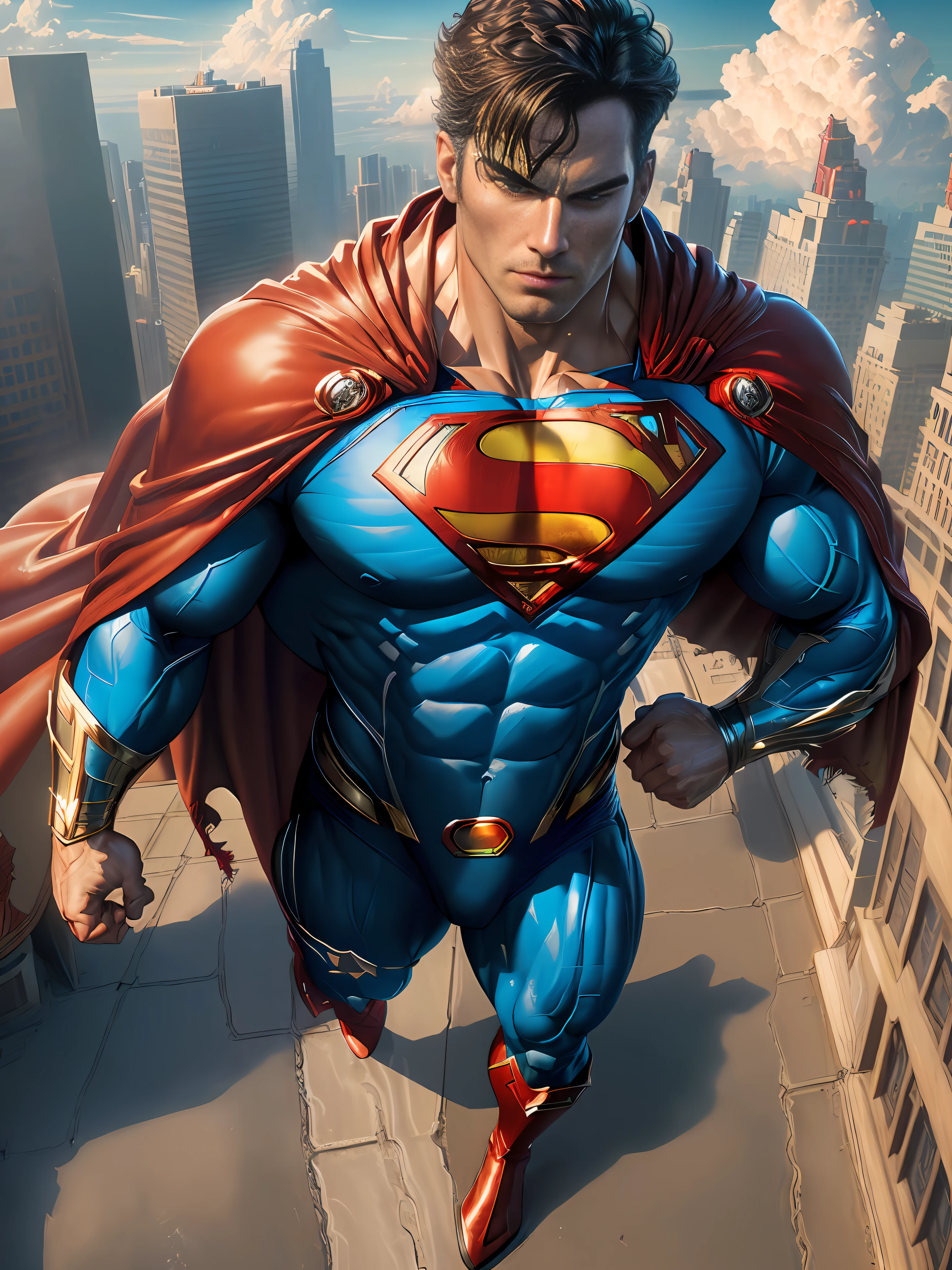 (extremely detailed CG unity 8k wallpaper, masterpiece, best quality) + (dynamic angle, wide shot) + (superman character, muscular, heroic pose, flying cape:1.1, blue spandex suit, red cape, red boots, S symbol on chest:1.2) + (daily planet building, rooftop:1.1, clouds in the background:1.2)