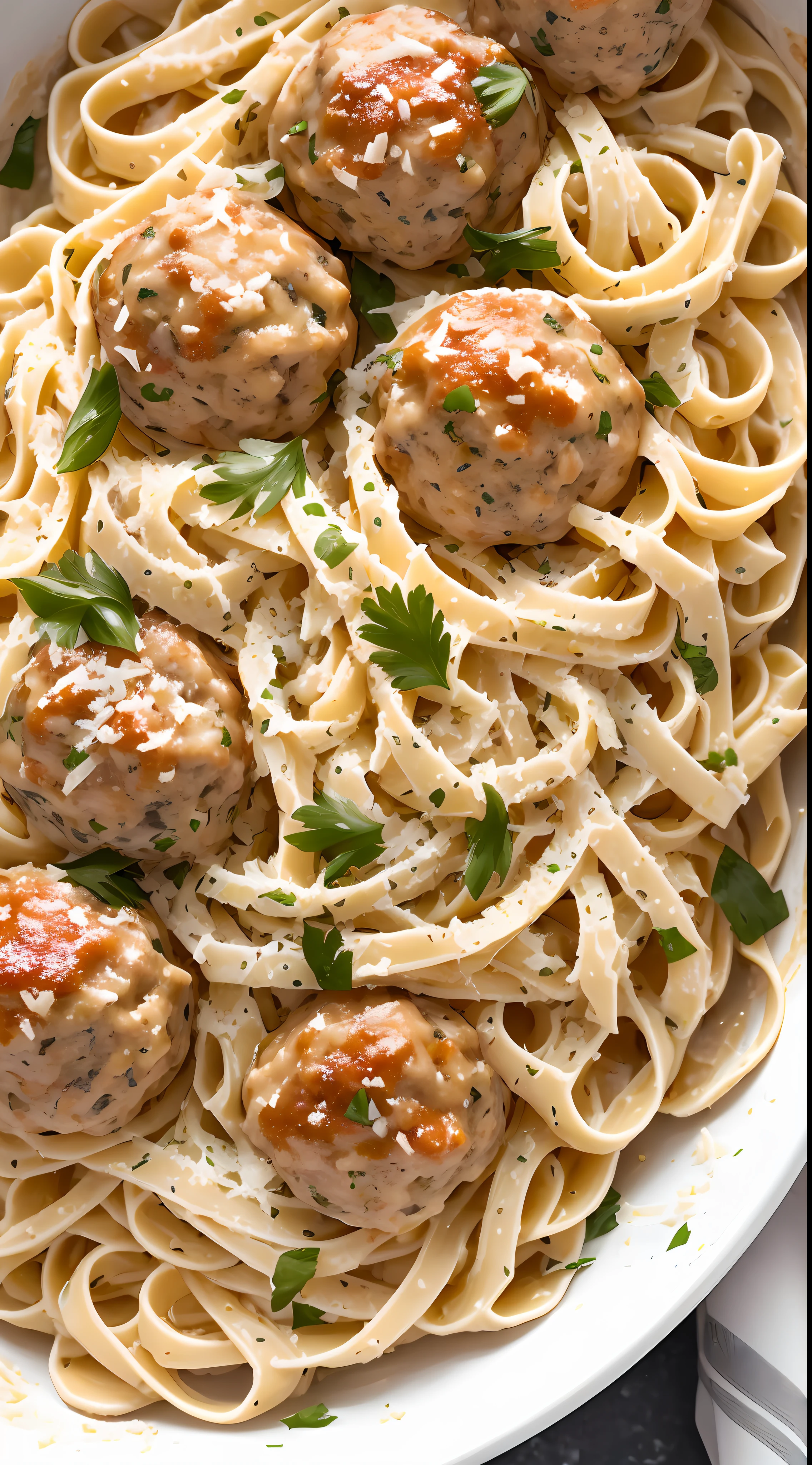 a creamy fettuccine pasta with fresh parmesan and meatballs, food photography,closeup