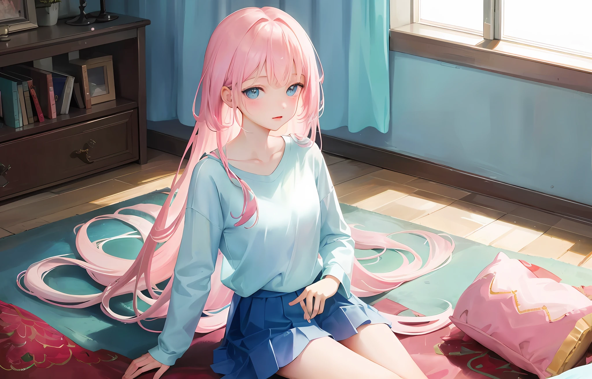 ((Best Quality)), (Masterpiece: 1.2), (Delicate Beautiful Girl), Illustration, 1 Girl, Long Pink Hair, Blue Eyes, Room, White T-shirt, Skirt, Hiding Behind Sofa, Changing Clothes