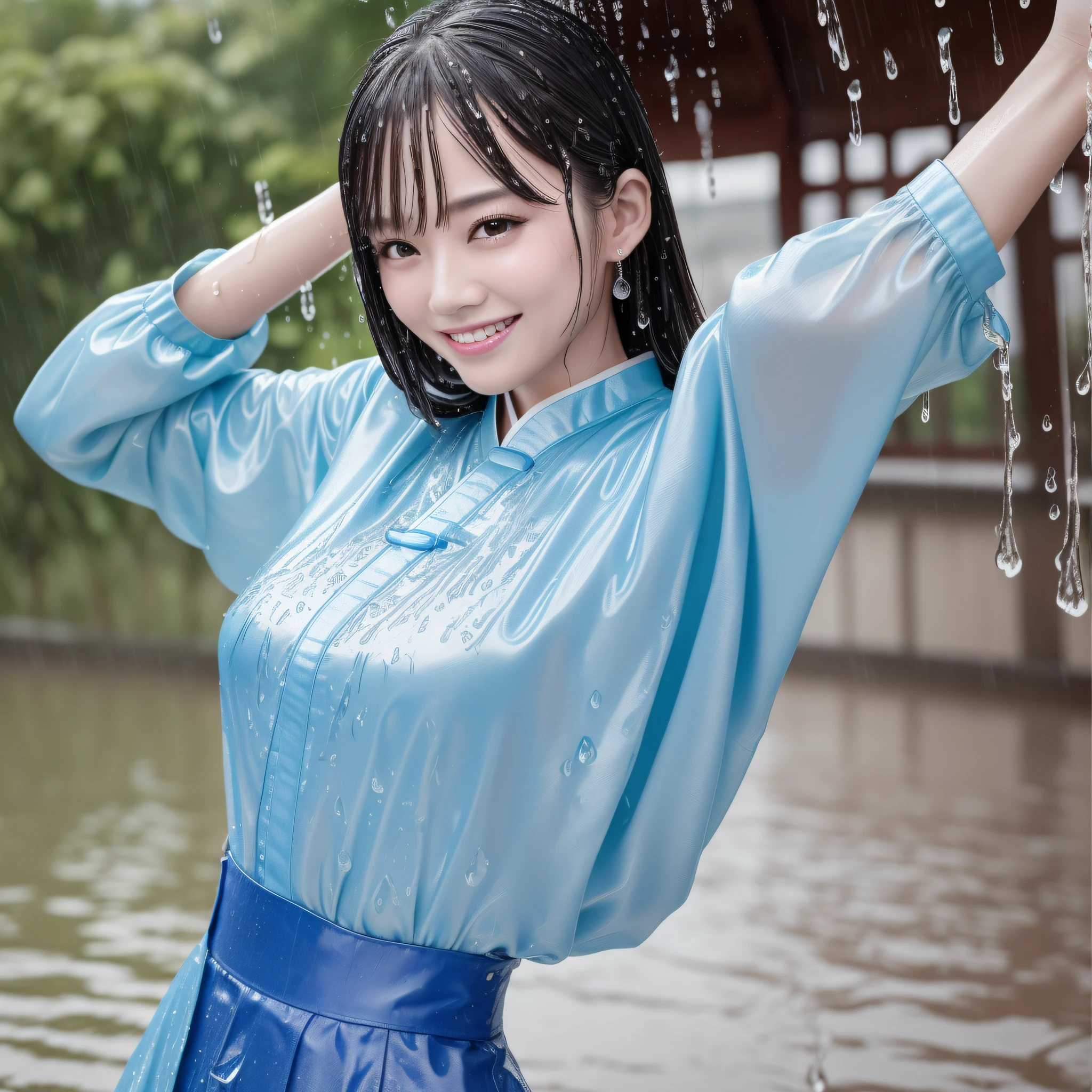Masterpiece 8k(photo-realistic) dancing in the beautiful Chinese rain 1.15((details in Full HD water drips)) wet and glued clothing very sharp1.15((detailed drops on skin)) open arms whole body and beautiful smiling beautiful teeth well wet and drained hair perfect eyes