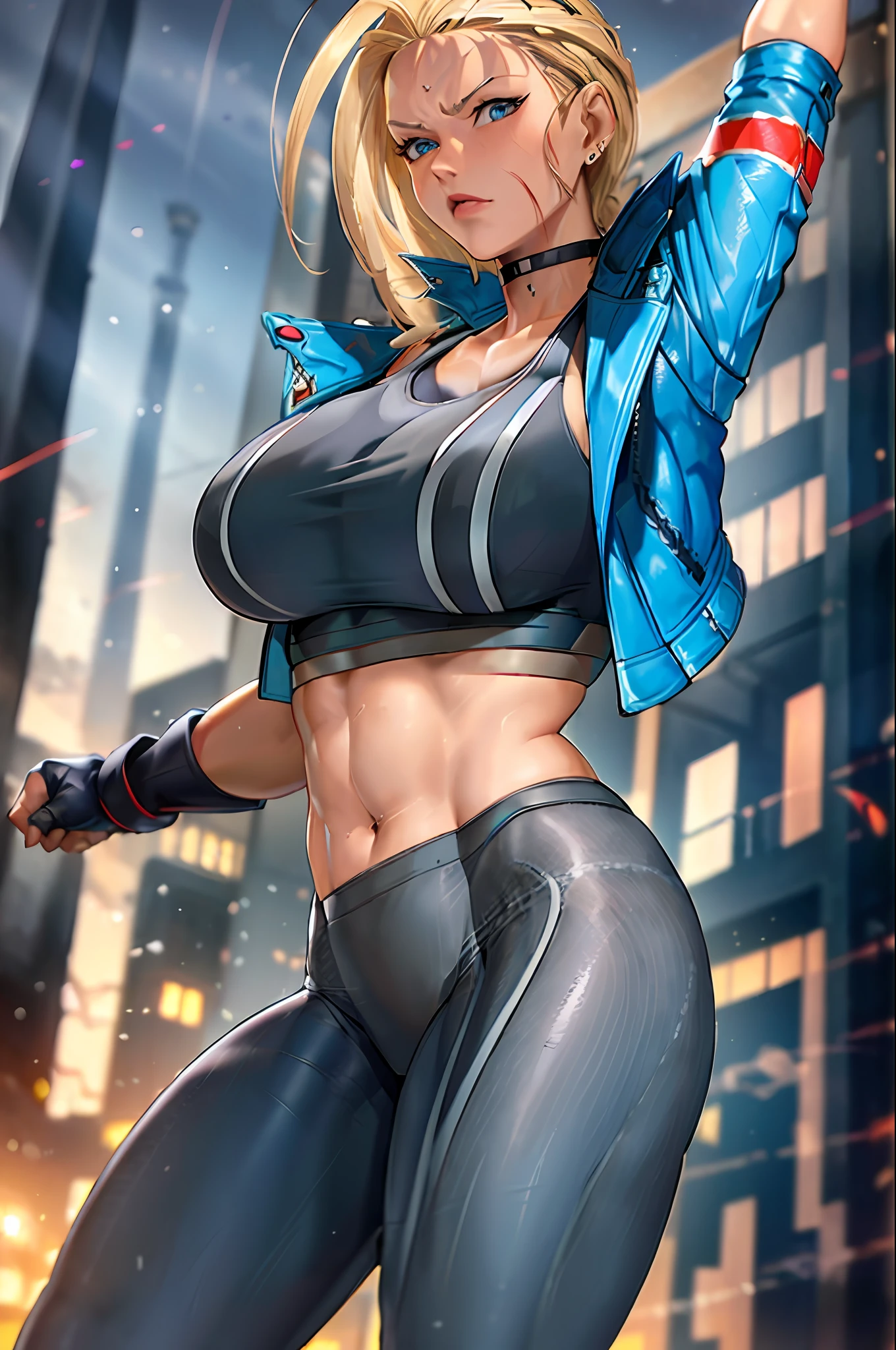 ((masterpiece)), ((best quality)), (ultra-detailed), ((sexy)), ((extremely detailed)), 4K, (8K), best quality, (beautiful), full body focus, upper body, background focus, (((Cammy))), white Cammy, Cammy from street fighter 6, ((1girl)), ((scar from left side face)), ((mature women)), open navel, midriff, (((medieval town)), desert, morning, (((dark grey sports bra)))), ((beautiful blue eyes)), (((blue jacket)), beautiful shiny hair, (((dark gray pantyhose)))), muscular body, choker, sit-ups, big breast, fighting pose