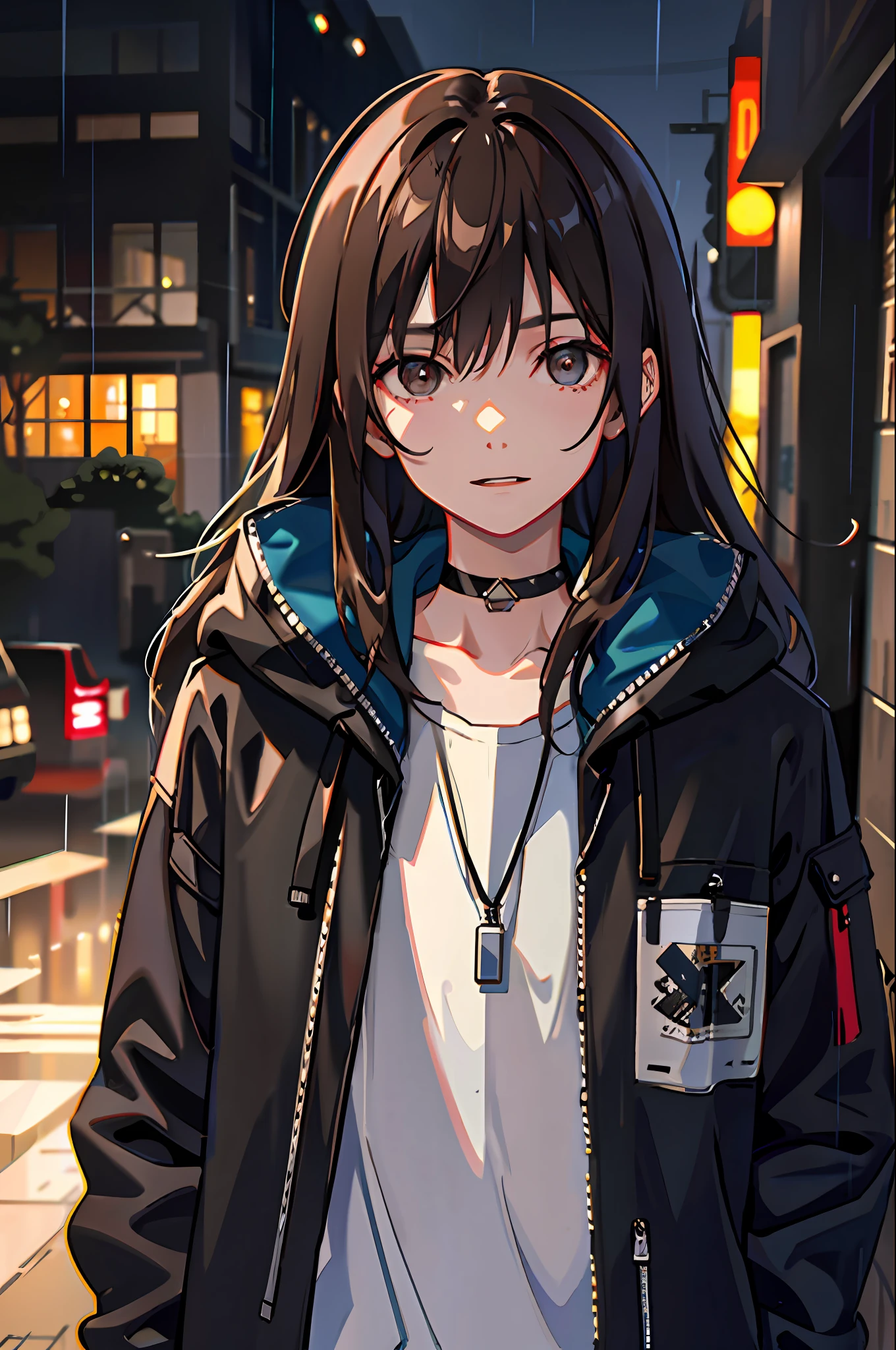 1boy, jacket, rain, outdoor, sweatshirt, open jacket, choker, backpack, looking at other, long messy brown hair, long hair, trend in artstation, 8k resolution, highly detailed, anatomically correct, sharp image, digital painting, concept art, trend in pixiv, Makoto Shinkai style,